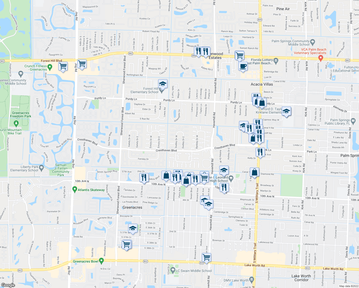 map of restaurants, bars, coffee shops, grocery stores, and more near 2771 Dudley Drive East in West Palm Beach