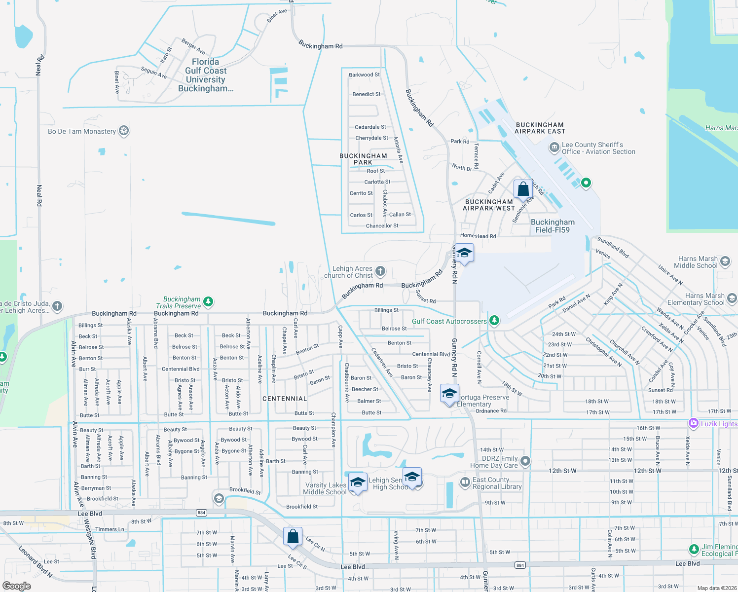 map of restaurants, bars, coffee shops, grocery stores, and more near 7851 Buckingham Road in Fort Myers