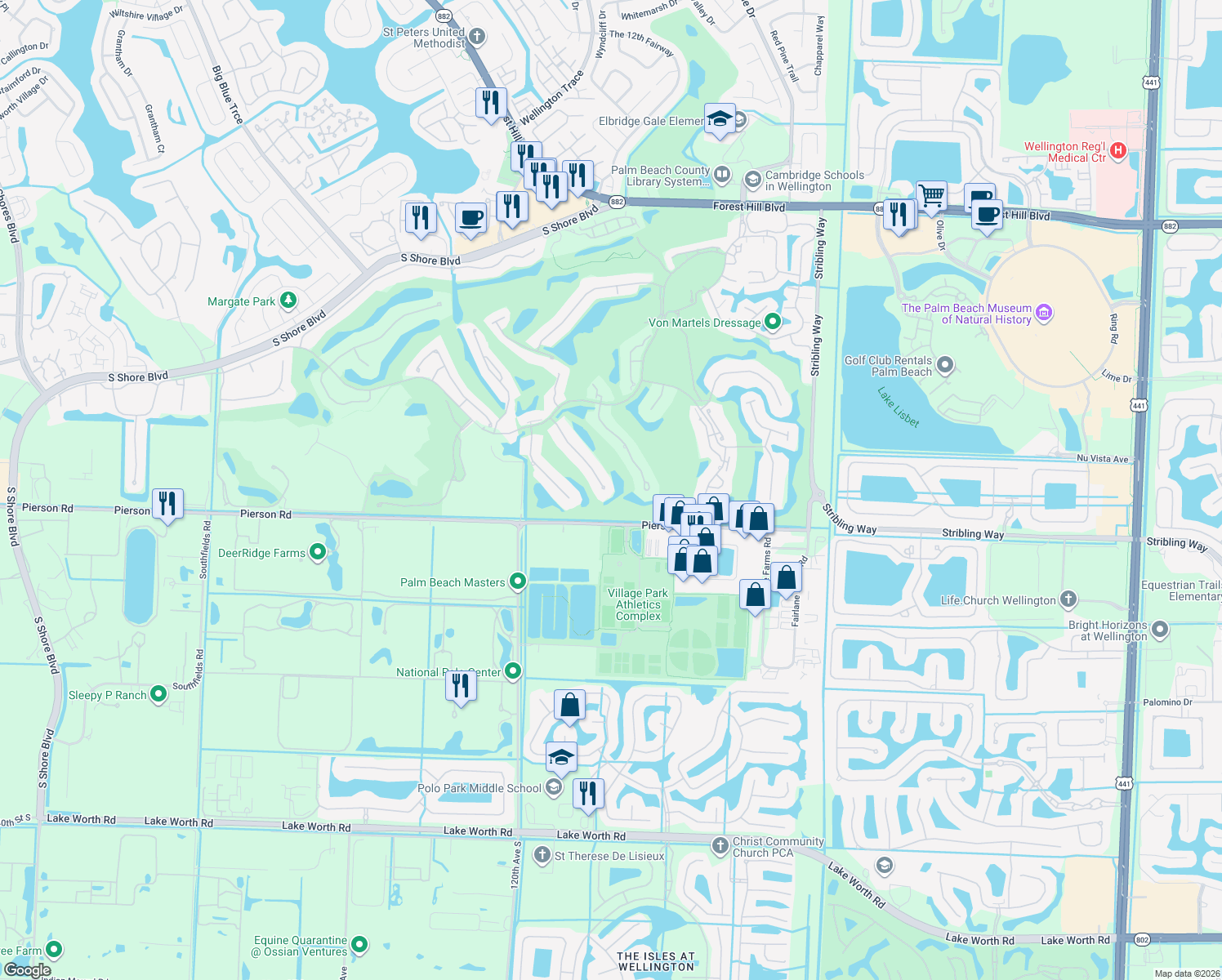 map of restaurants, bars, coffee shops, grocery stores, and more near 2990 Twin Oaks Way in Wellington