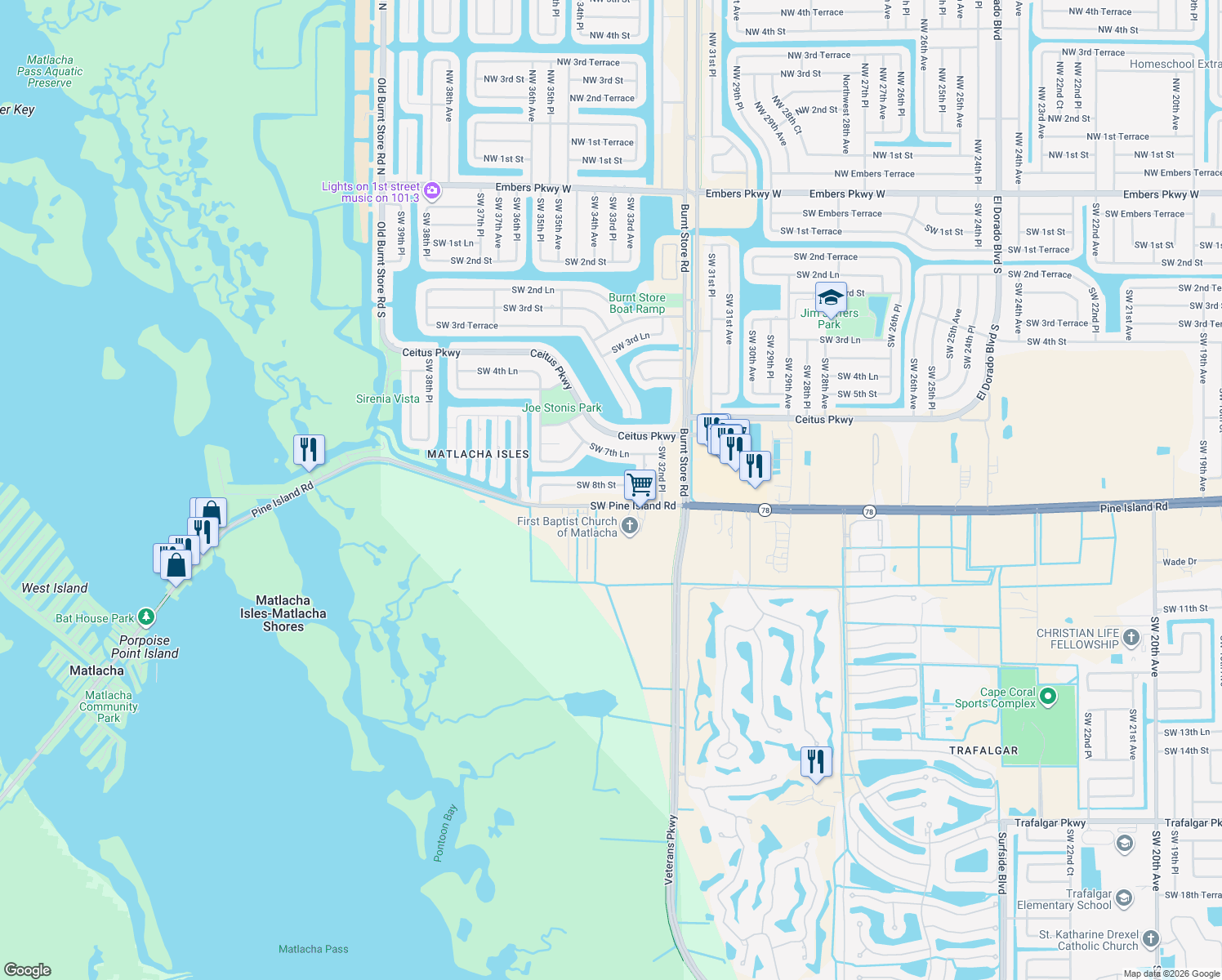 map of restaurants, bars, coffee shops, grocery stores, and more near 3318 Southwest 8th Street in Cape Coral