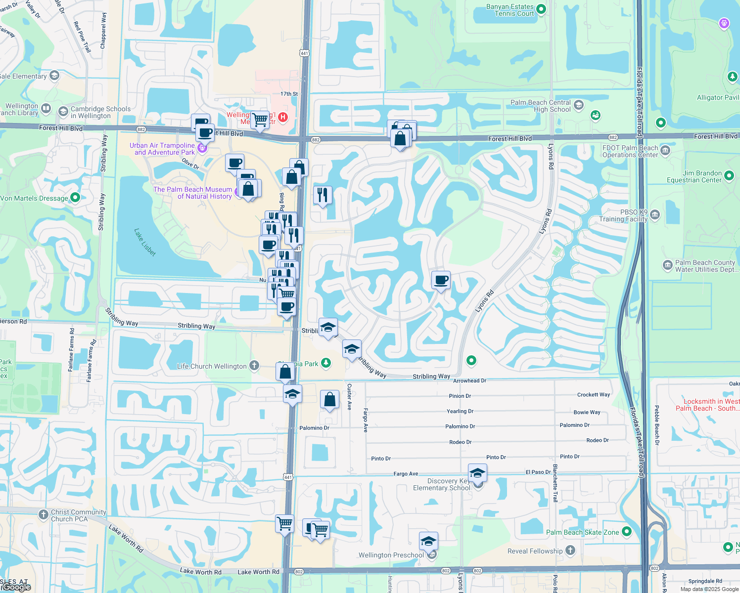 map of restaurants, bars, coffee shops, grocery stores, and more near 2768 Pillsbury Way in Wellington