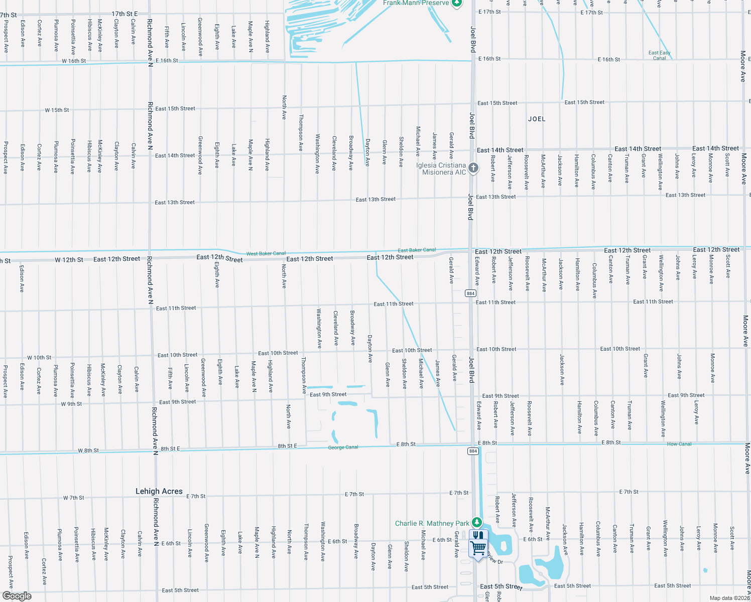 map of restaurants, bars, coffee shops, grocery stores, and more near 1703 East 11th Street in Lehigh Acres