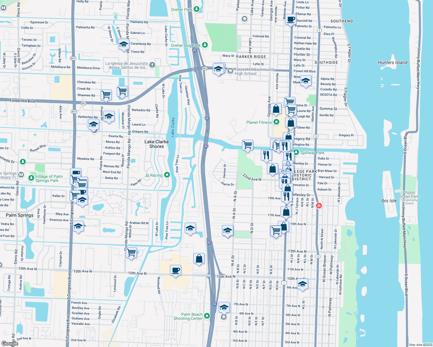 map of restaurants, bars, coffee shops, grocery stores, and more near 1771 22nd Ave N in Lake Worth
