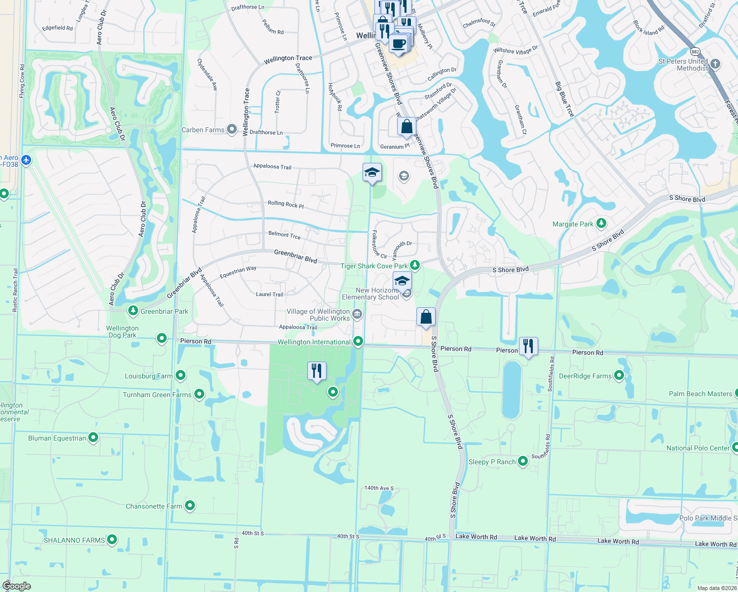 map of restaurants, bars, coffee shops, grocery stores, and more near 2712 Yarmouth Drive in Wellington