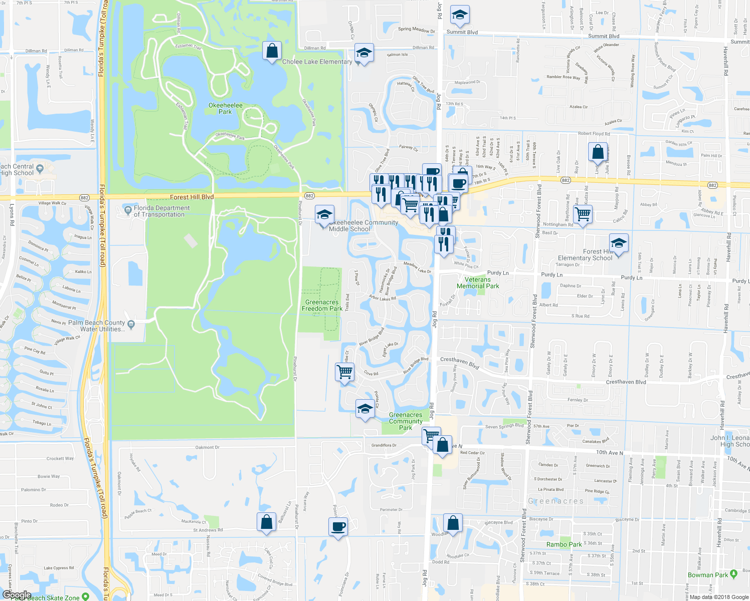 map of restaurants, bars, coffee shops, grocery stores, and more near 132 Private Place in Greenacres