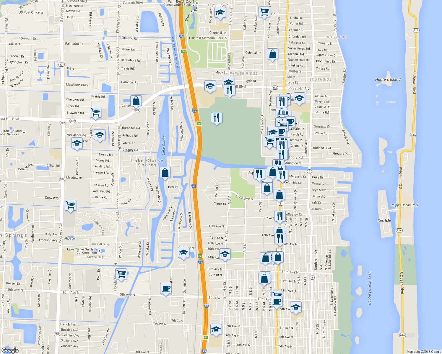 map of restaurants, bars, coffee shops, grocery stores, and more near 1901 Brentwood Avenue in Lake Worth