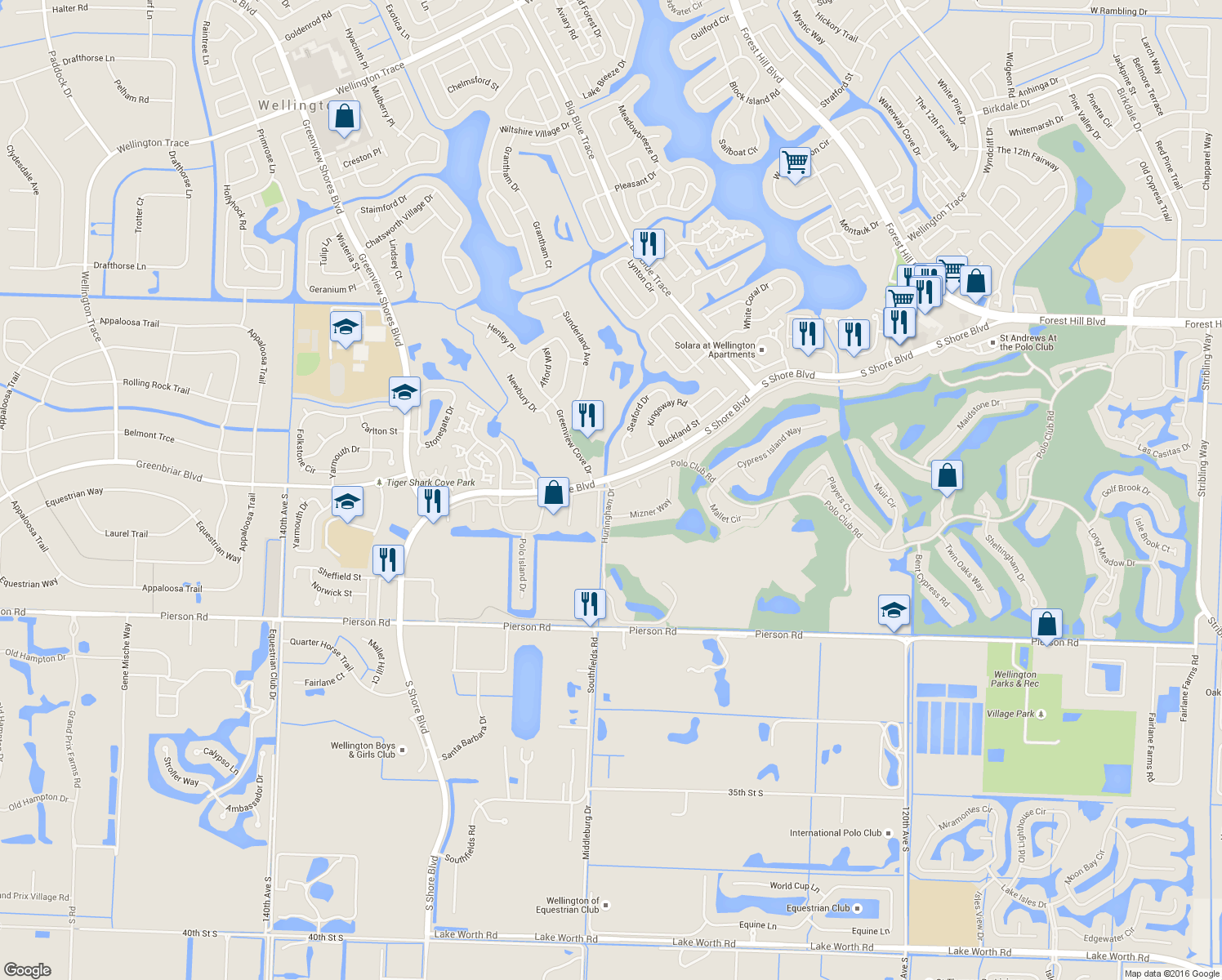 map of restaurants, bars, coffee shops, grocery stores, and more near 2700 Hurlingham Drive in Wellington