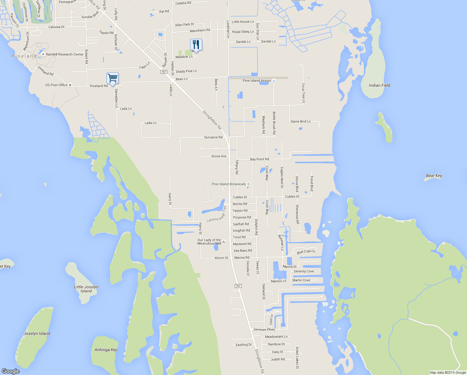 map of restaurants, bars, coffee shops, grocery stores, and more near 12549 Tiffany Road in Bokeelia