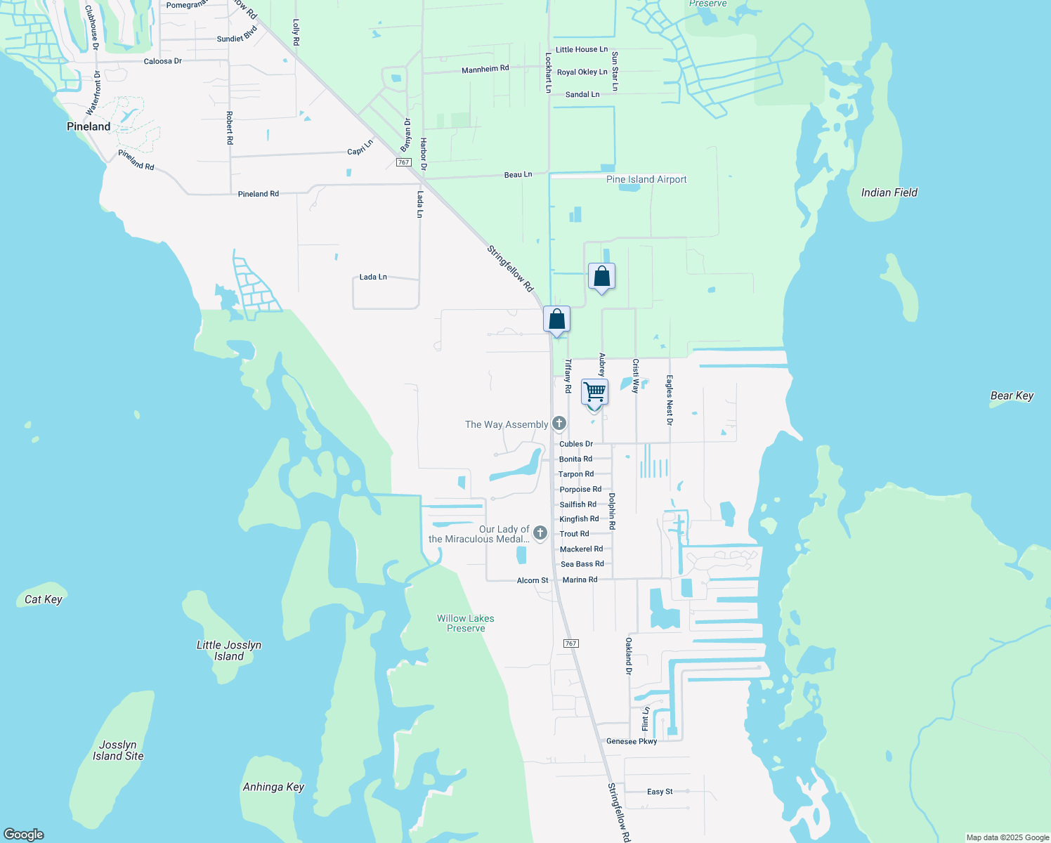 map of restaurants, bars, coffee shops, grocery stores, and more near 12527 Canoe Trail in Bokeelia
