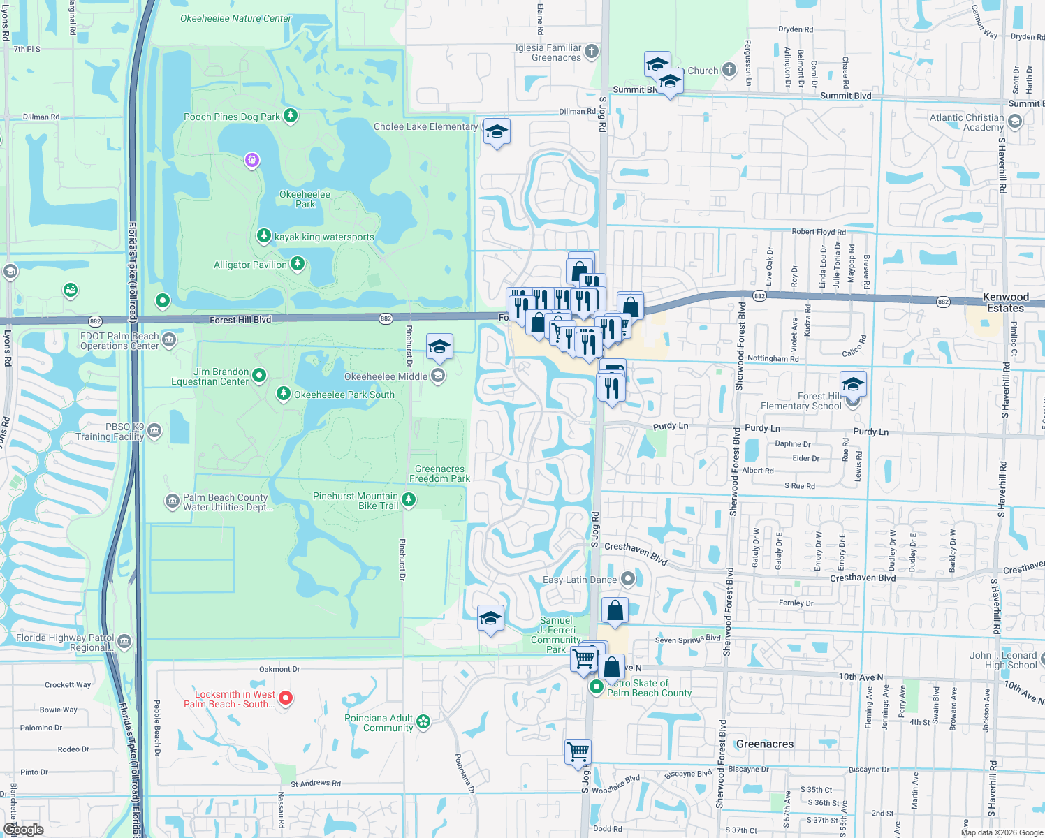 map of restaurants, bars, coffee shops, grocery stores, and more near 119 Hammocks Court in Greenacres