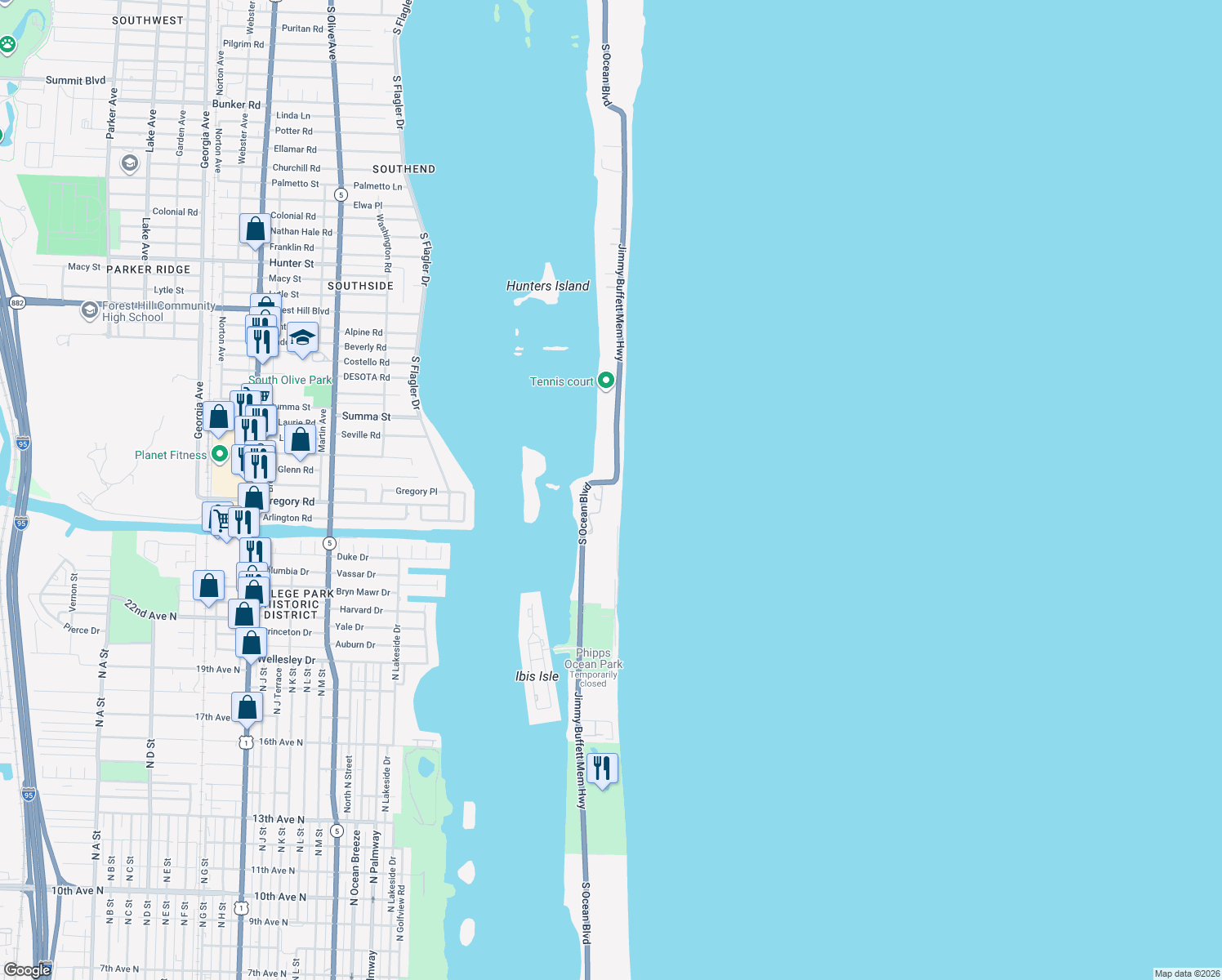 map of restaurants, bars, coffee shops, grocery stores, and more near 2 Sloans Curve Drive in Palm Beach