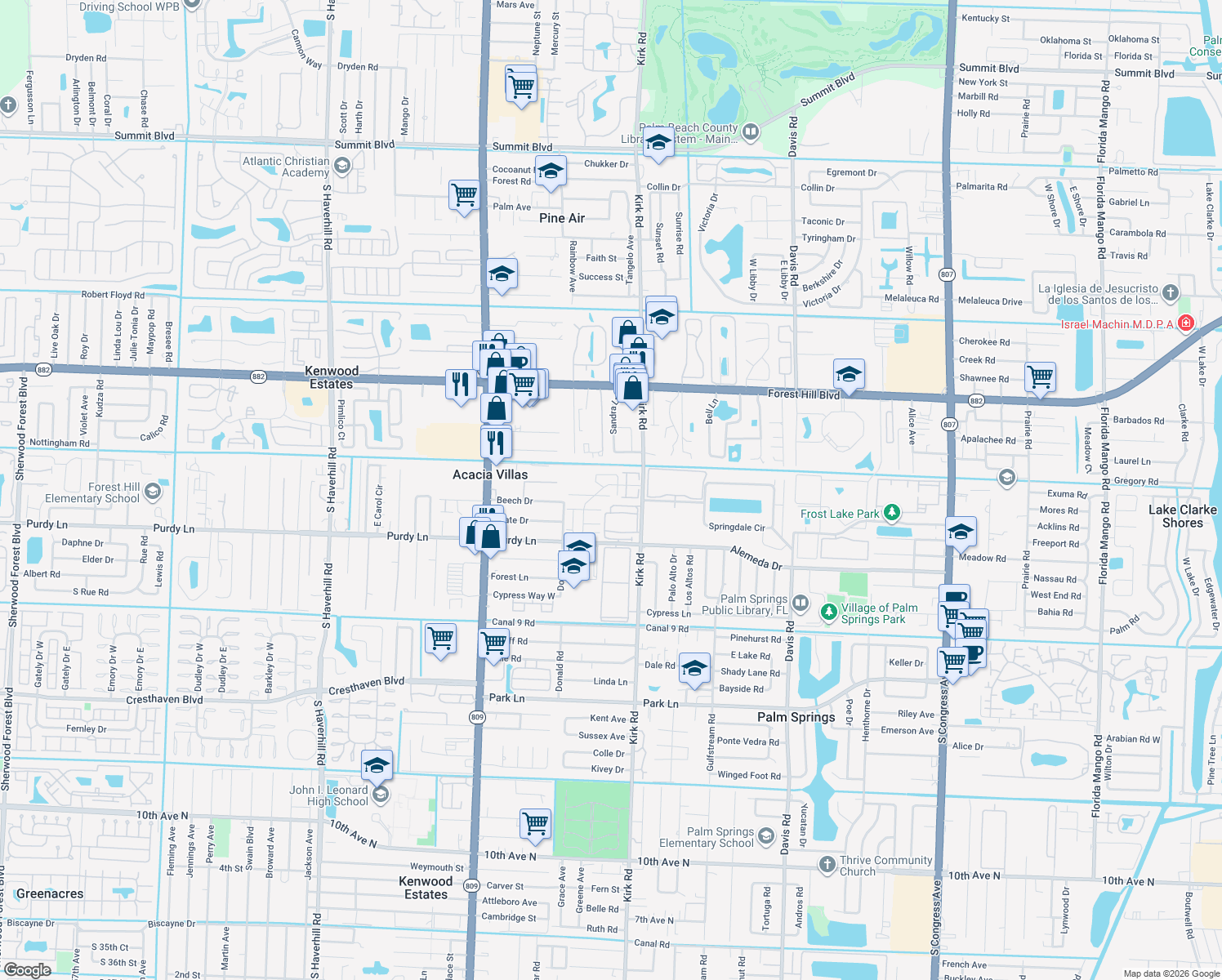 map of restaurants, bars, coffee shops, grocery stores, and more near 187 Woodland Road in Palm Springs