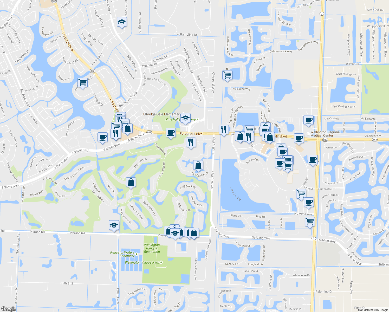 map of restaurants, bars, coffee shops, grocery stores, and more near 11831 Rene Lacoste Place in Wellington