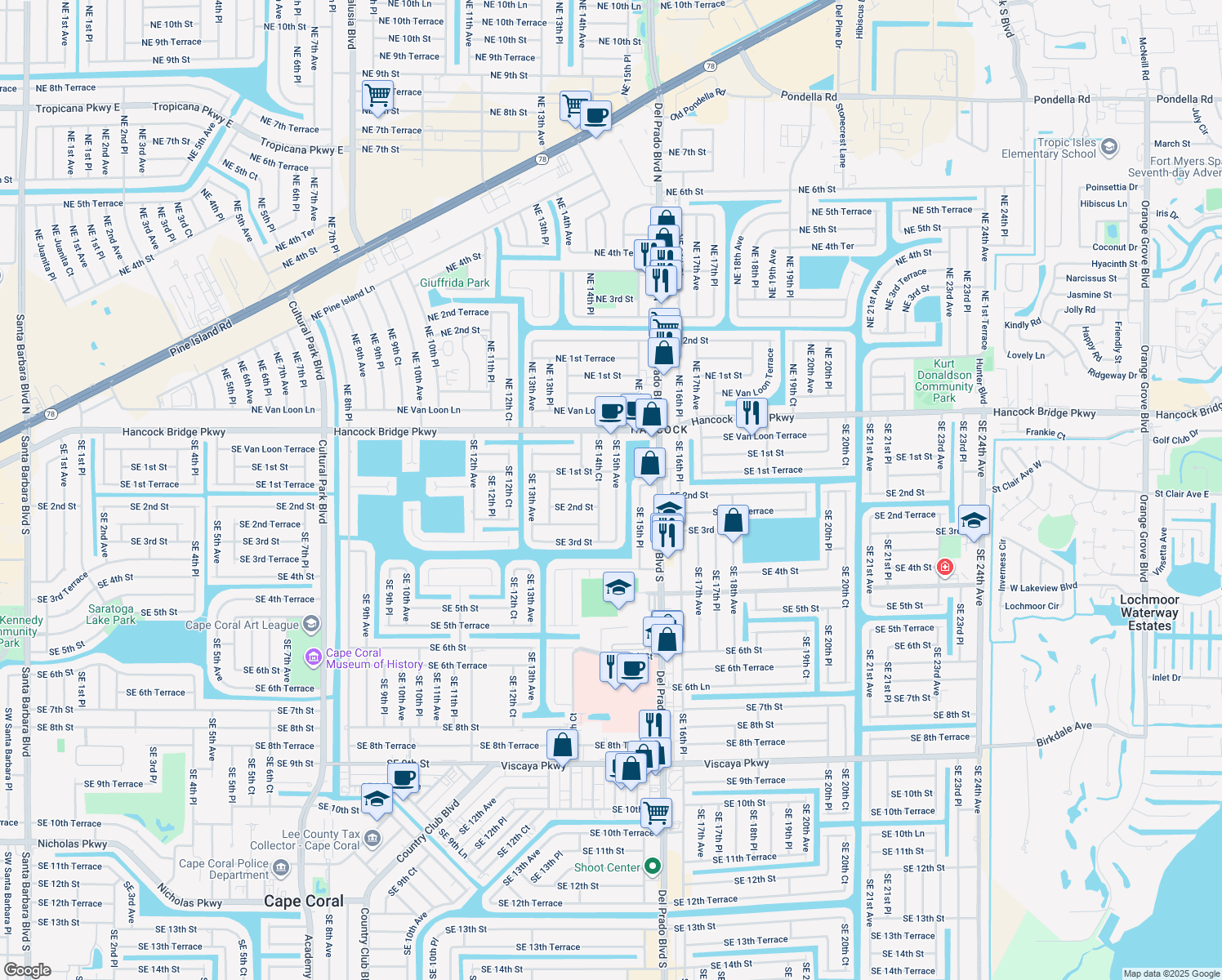 map of restaurants, bars, coffee shops, grocery stores, and more near 114 Southeast 15th Avenue in Cape Coral