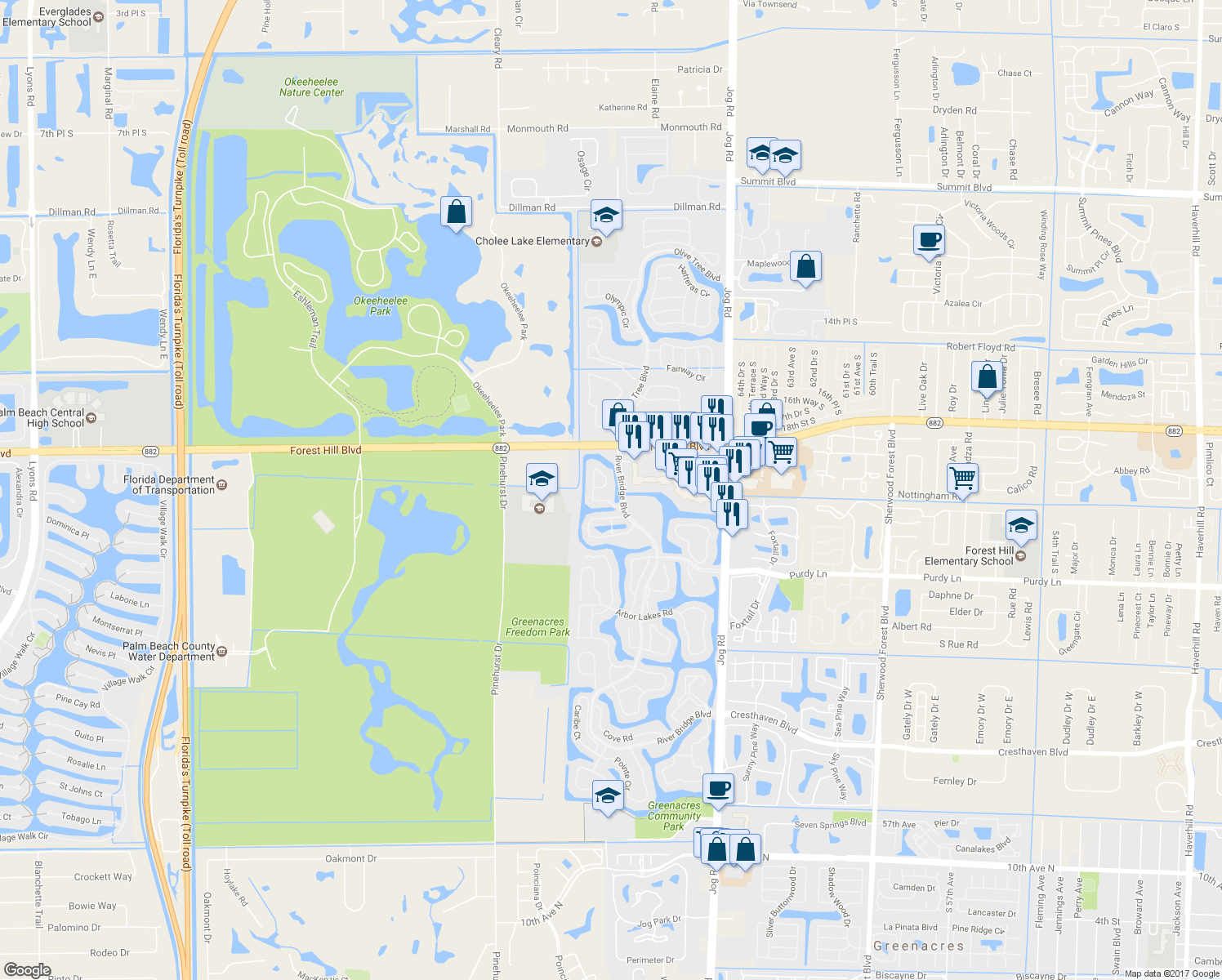 map of restaurants, bars, coffee shops, grocery stores, and more near 157 Island Way in Greenacres