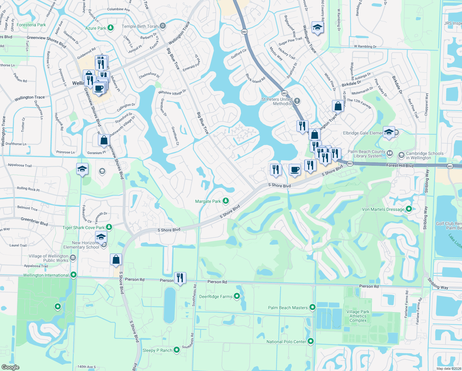 map of restaurants, bars, coffee shops, grocery stores, and more near 2036 Amesbury Circle in Wellington