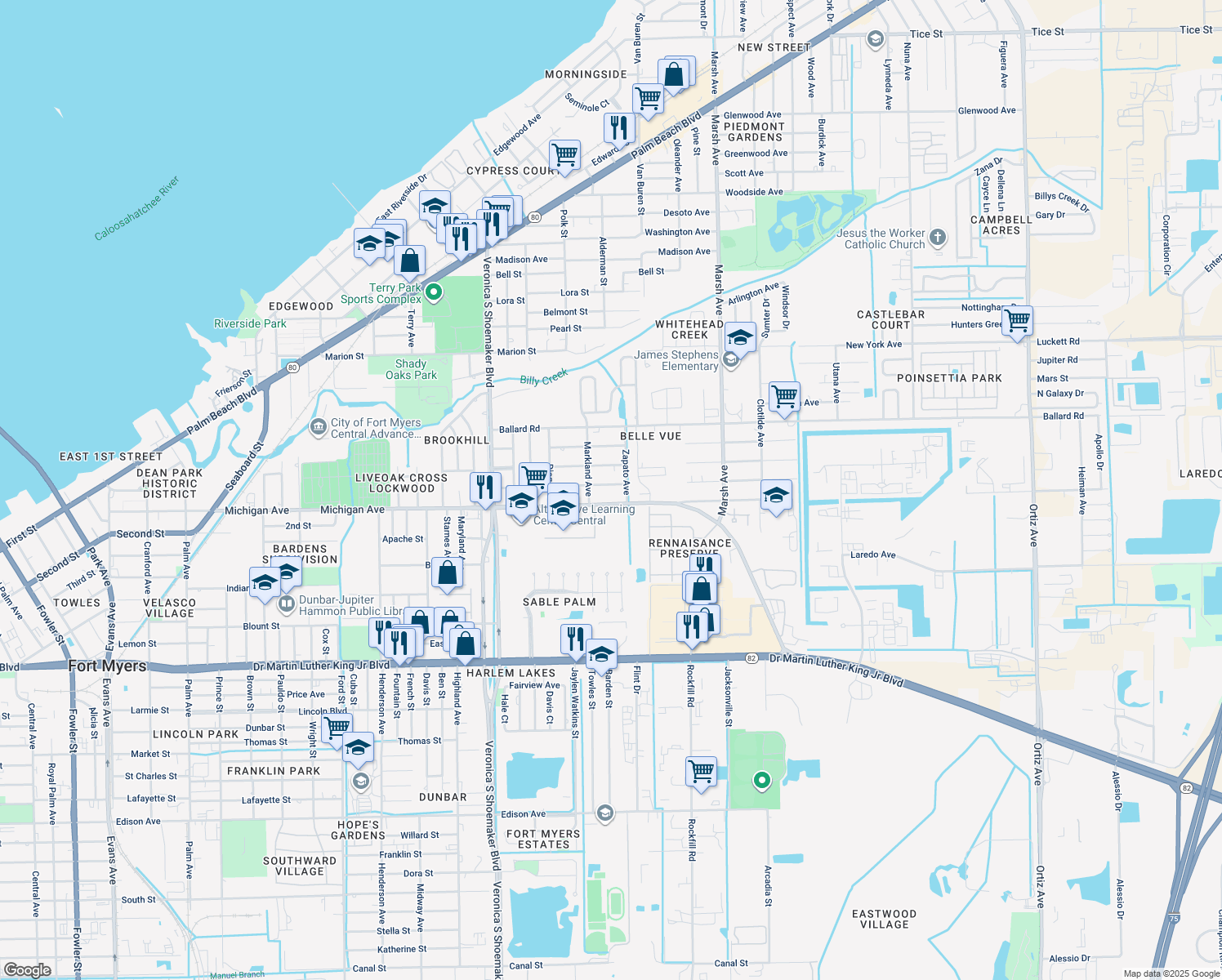 map of restaurants, bars, coffee shops, grocery stores, and more near 154 Catalina Street in Fort Myers