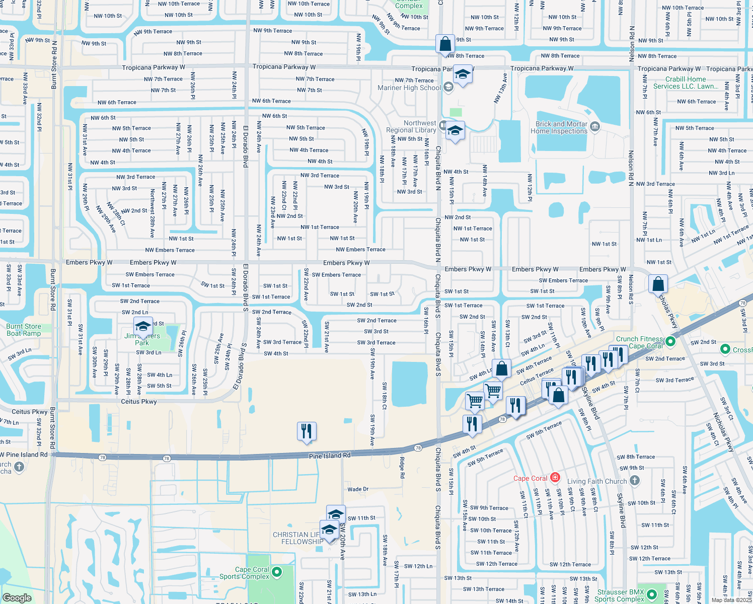 map of restaurants, bars, coffee shops, grocery stores, and more near 1819 Southwest 2nd Street in Cape Coral