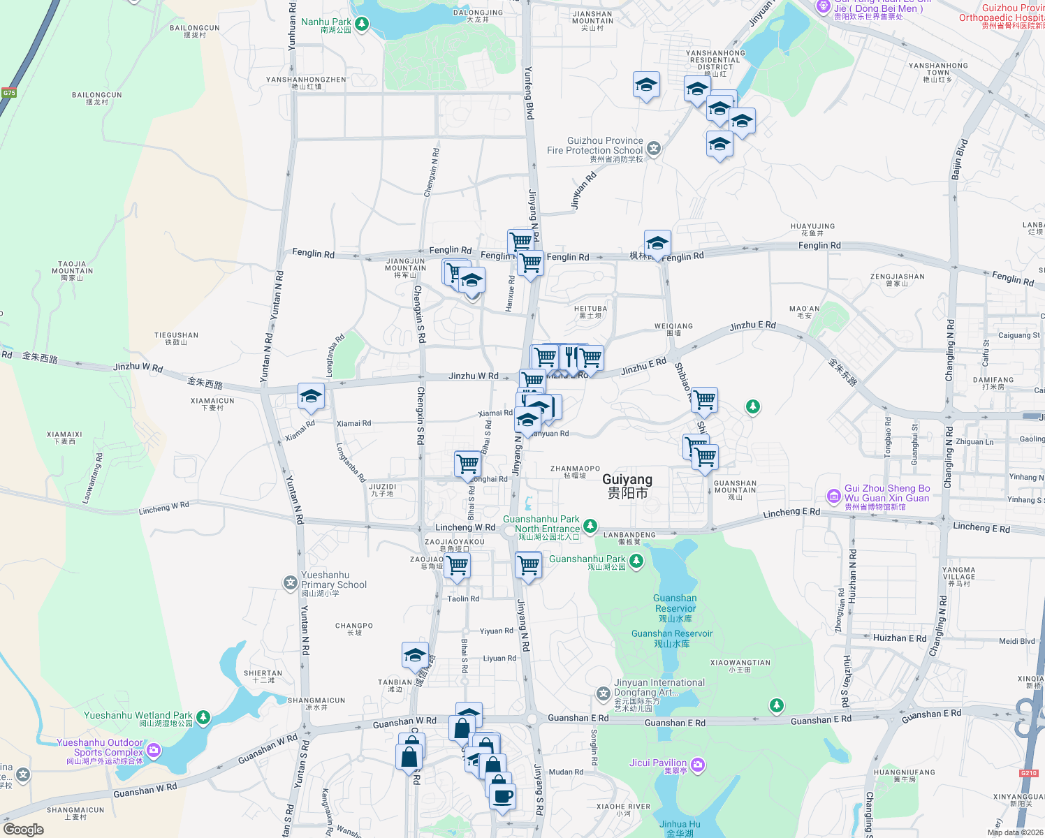 map of restaurants, bars, coffee shops, grocery stores, and more near Jin Yang Bei Lu in Guiyang Shi