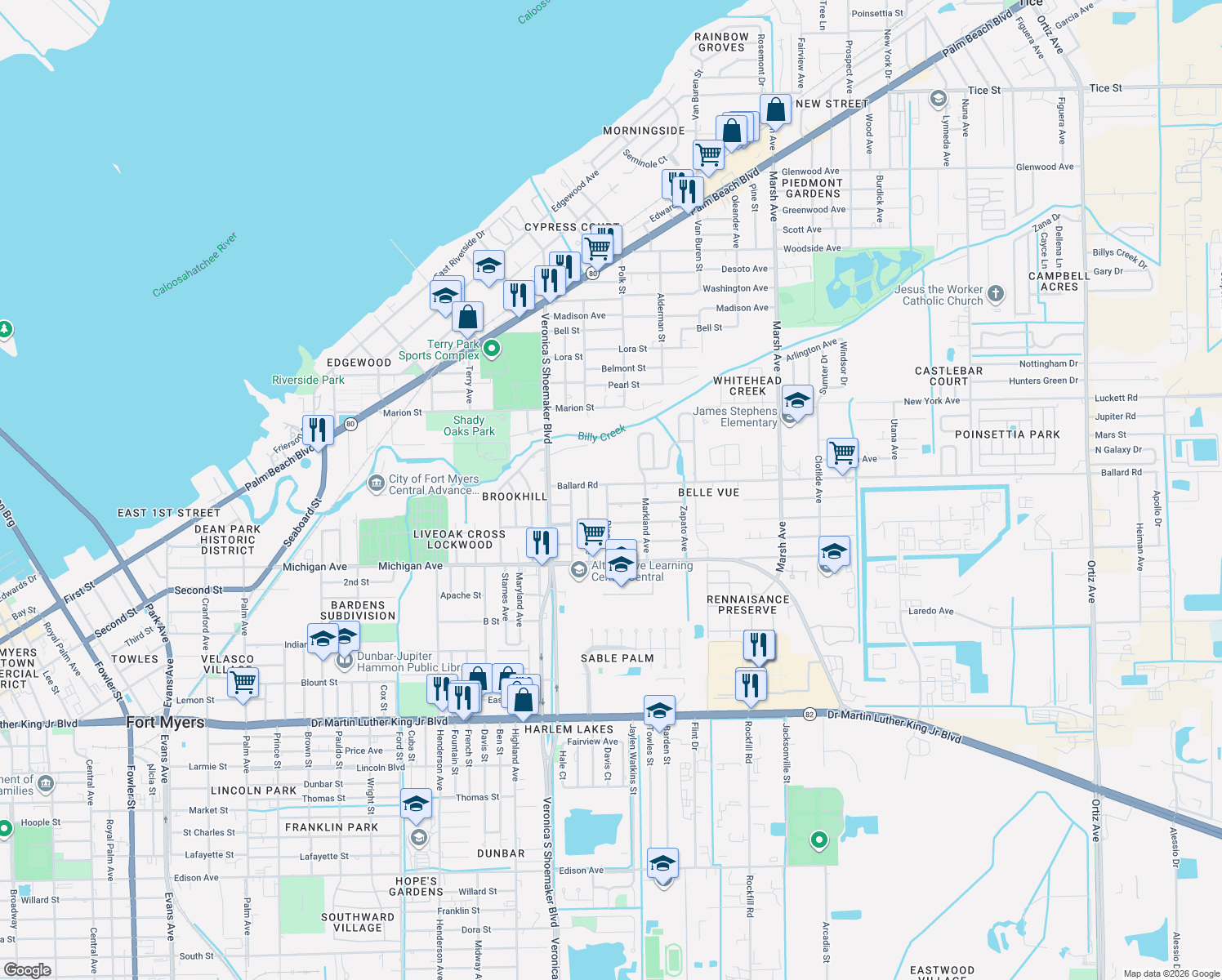 map of restaurants, bars, coffee shops, grocery stores, and more near 3804 Ballard Road in Fort Myers