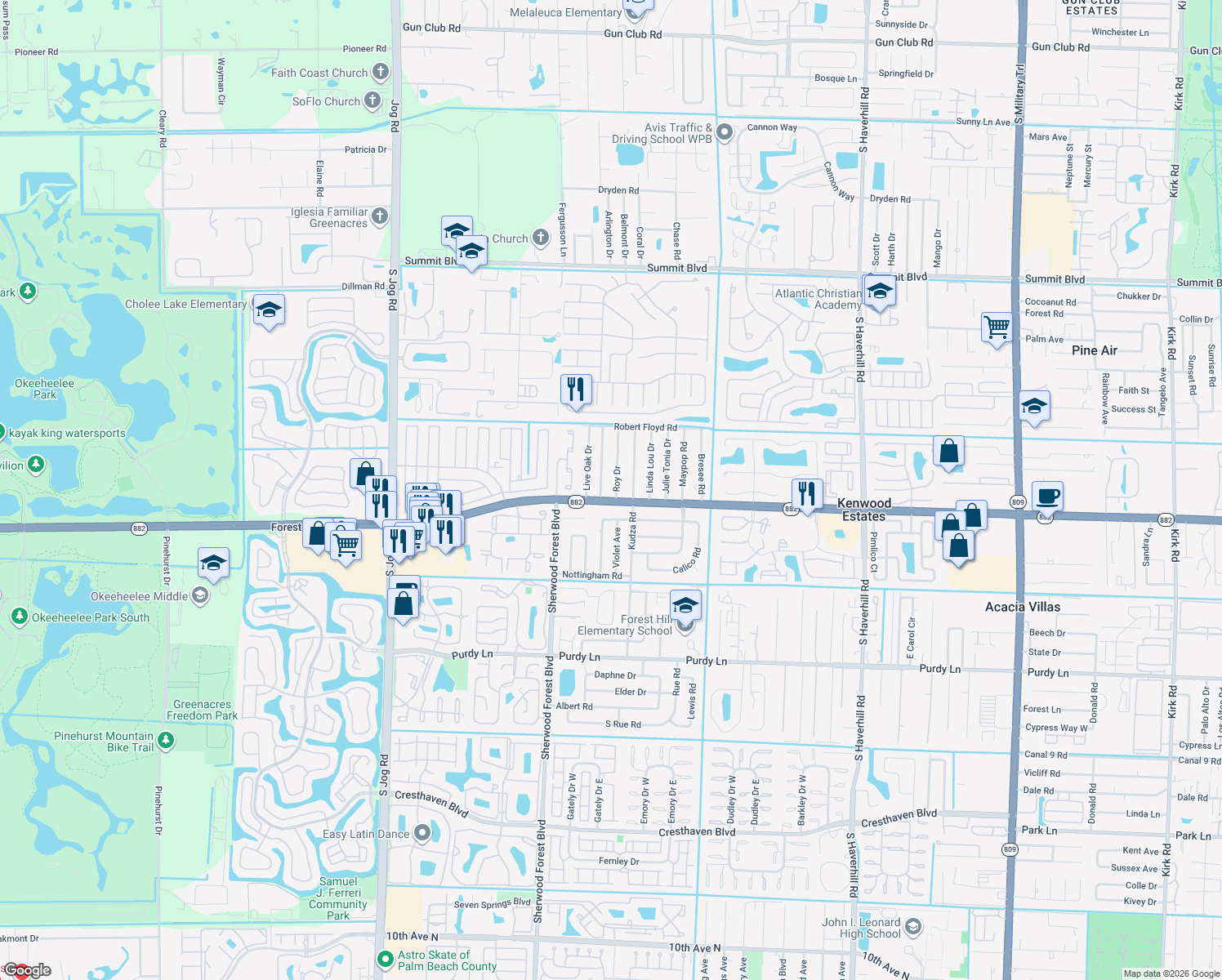 map of restaurants, bars, coffee shops, grocery stores, and more near 1713 Roy Drive in West Palm Beach