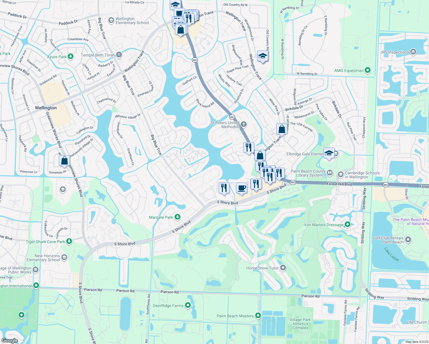 map of restaurants, bars, coffee shops, grocery stores, and more near 1972 White Coral Way in Wellington