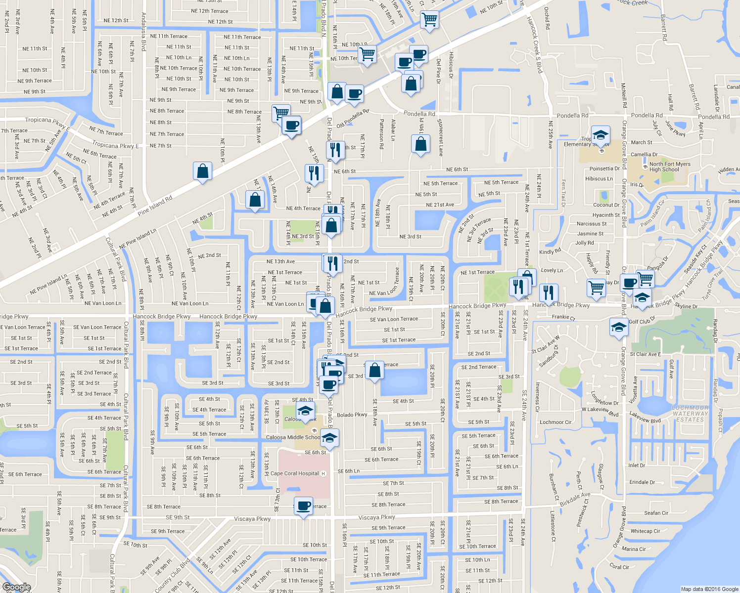 map of restaurants, bars, coffee shops, grocery stores, and more near 1722 Northeast Van Loon Terrace in Cape Coral