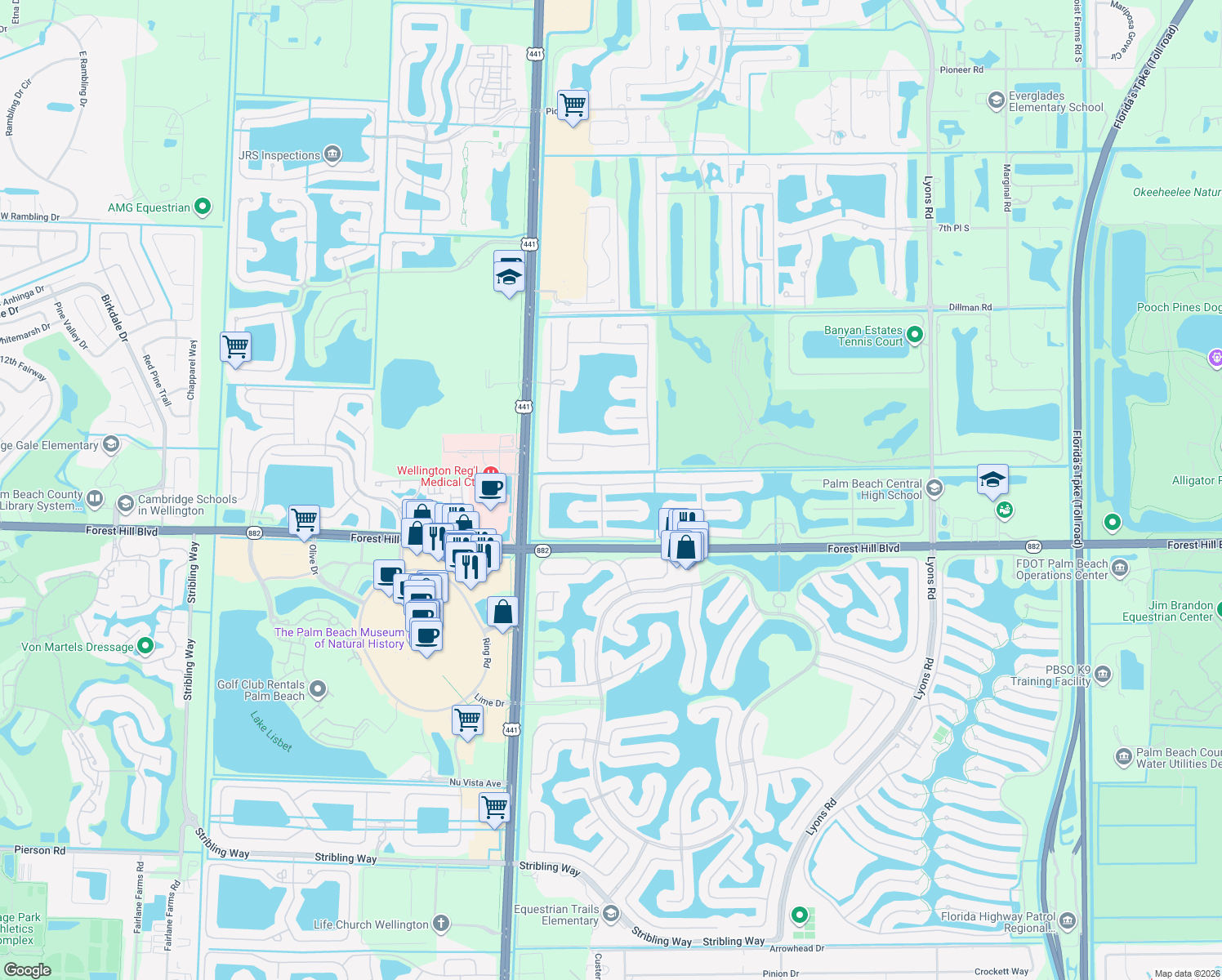 map of restaurants, bars, coffee shops, grocery stores, and more near 9666 Via Elegante in Wellington