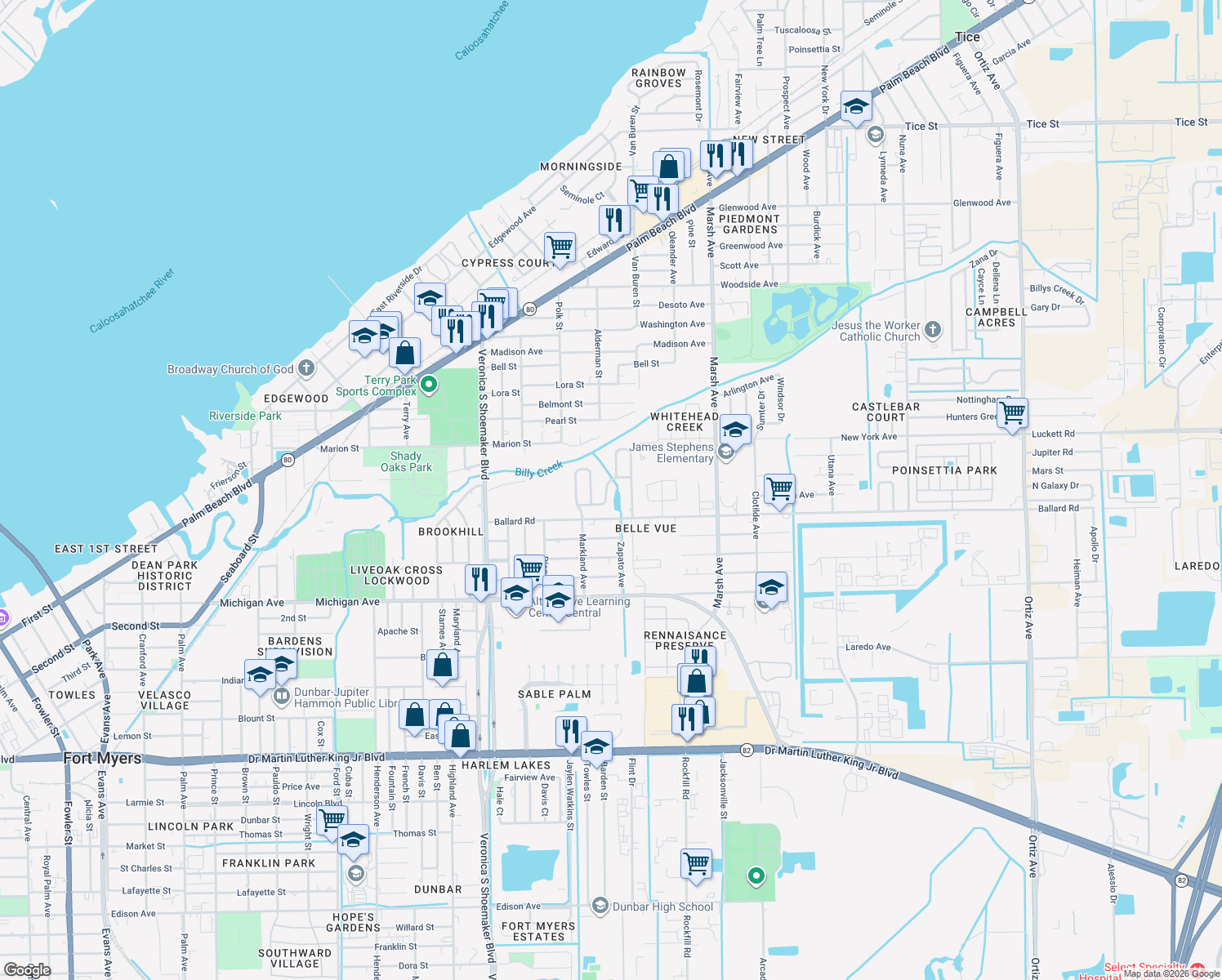 map of restaurants, bars, coffee shops, grocery stores, and more near 6169 Markland Avenue in Fort Myers