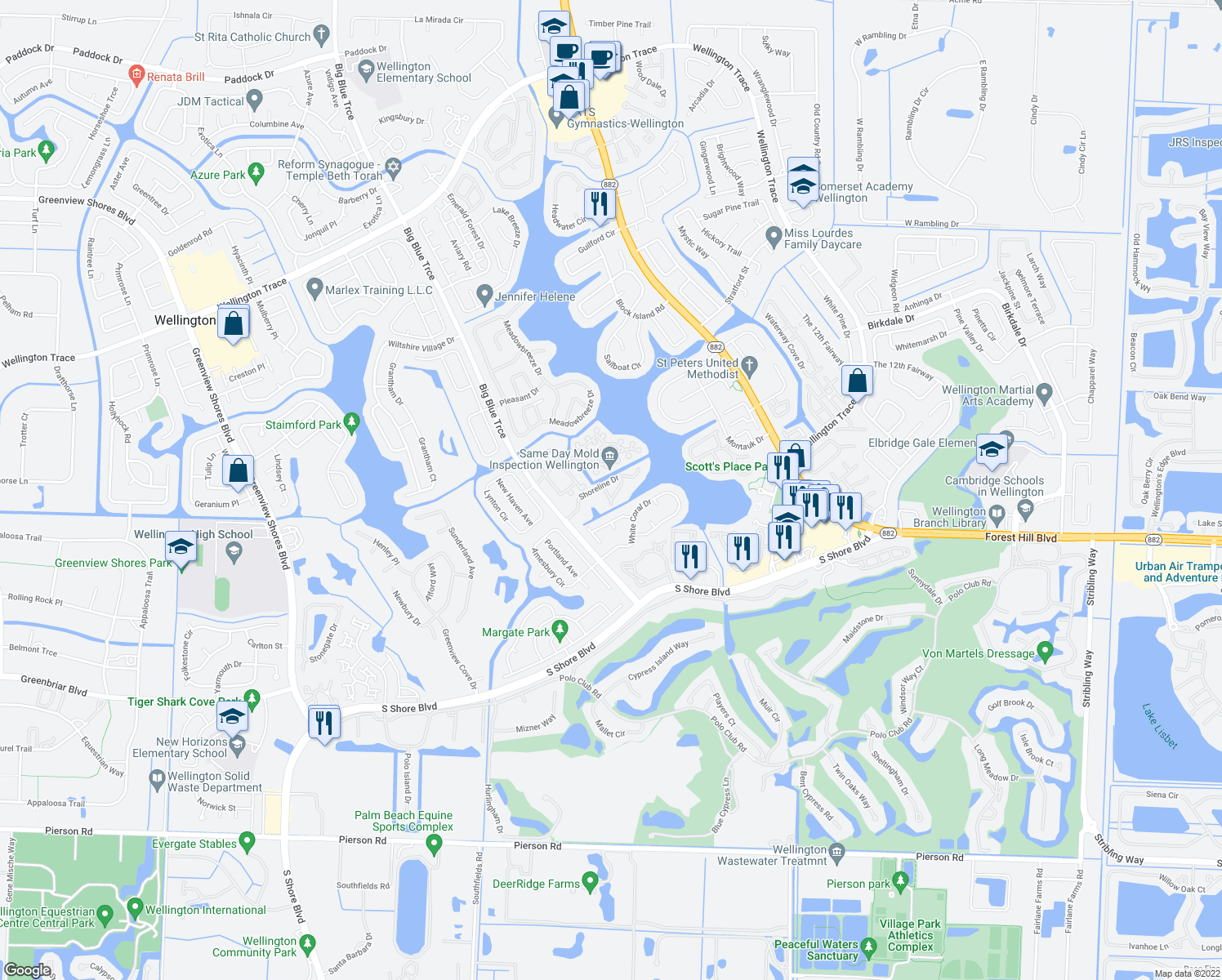 map of restaurants, bars, coffee shops, grocery stores, and more near 12616 Shoreline Drive in Wellington