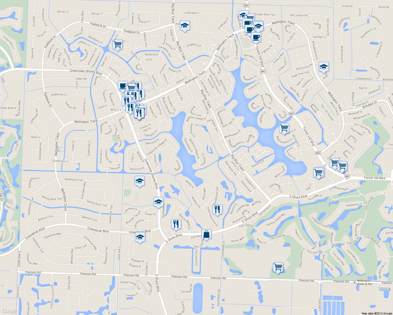 map of restaurants, bars, coffee shops, grocery stores, and more near 1815 Wiltshire Village Dr in Wellington
