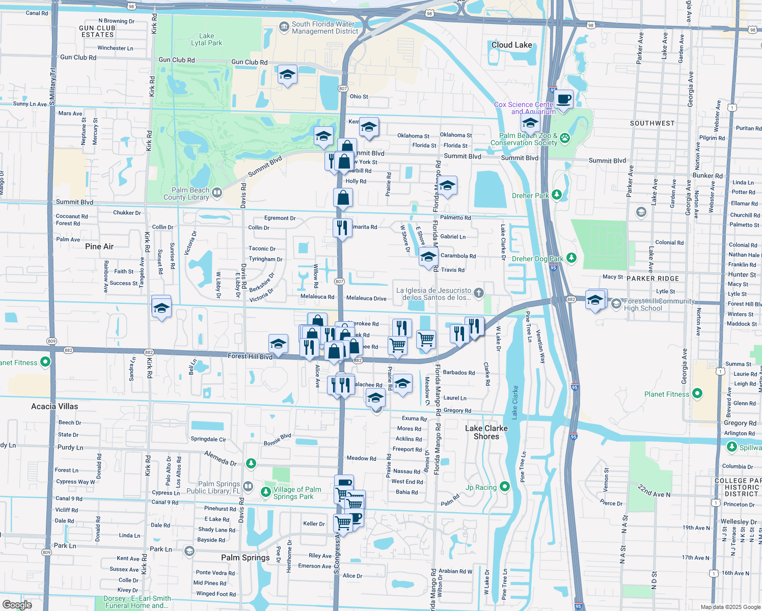 map of restaurants, bars, coffee shops, grocery stores, and more near 2792 Melaleuca Drive in West Palm Beach