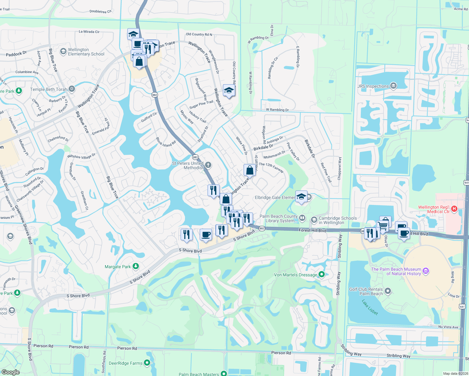 map of restaurants, bars, coffee shops, grocery stores, and more near 1586 Shaker Circle in Wellington