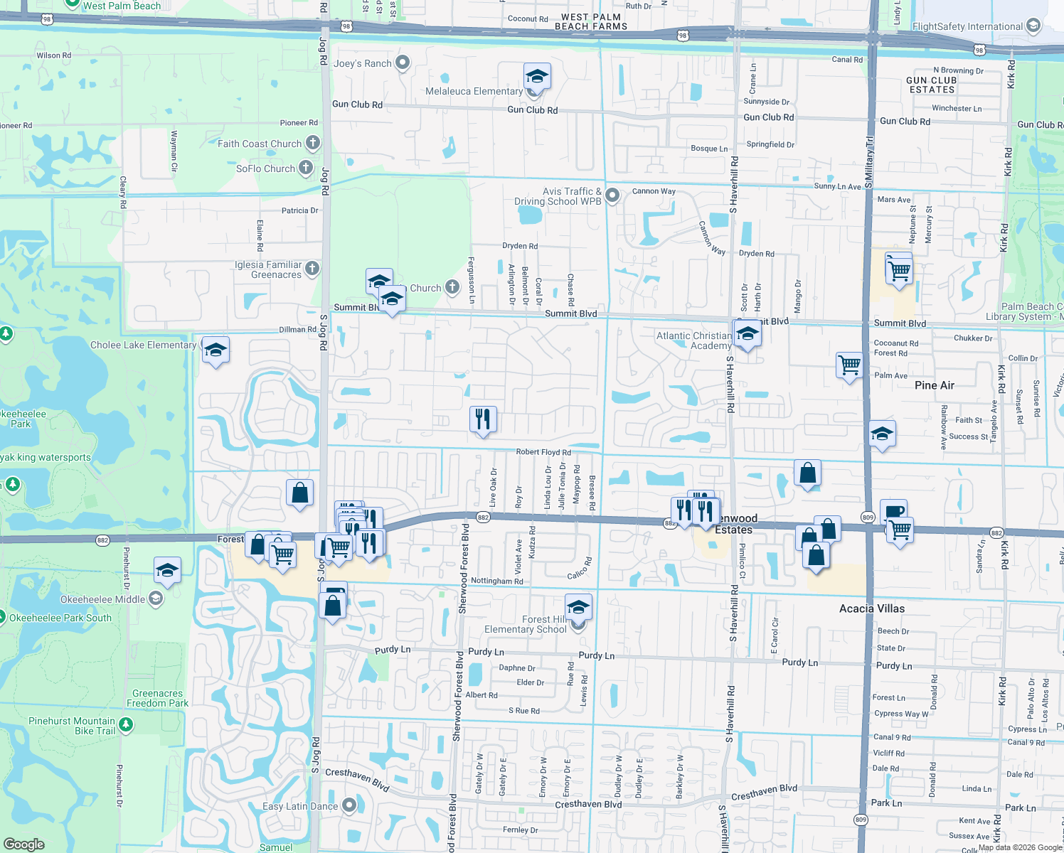 map of restaurants, bars, coffee shops, grocery stores, and more near 1412 Corn Flower Ln in West Palm Beach