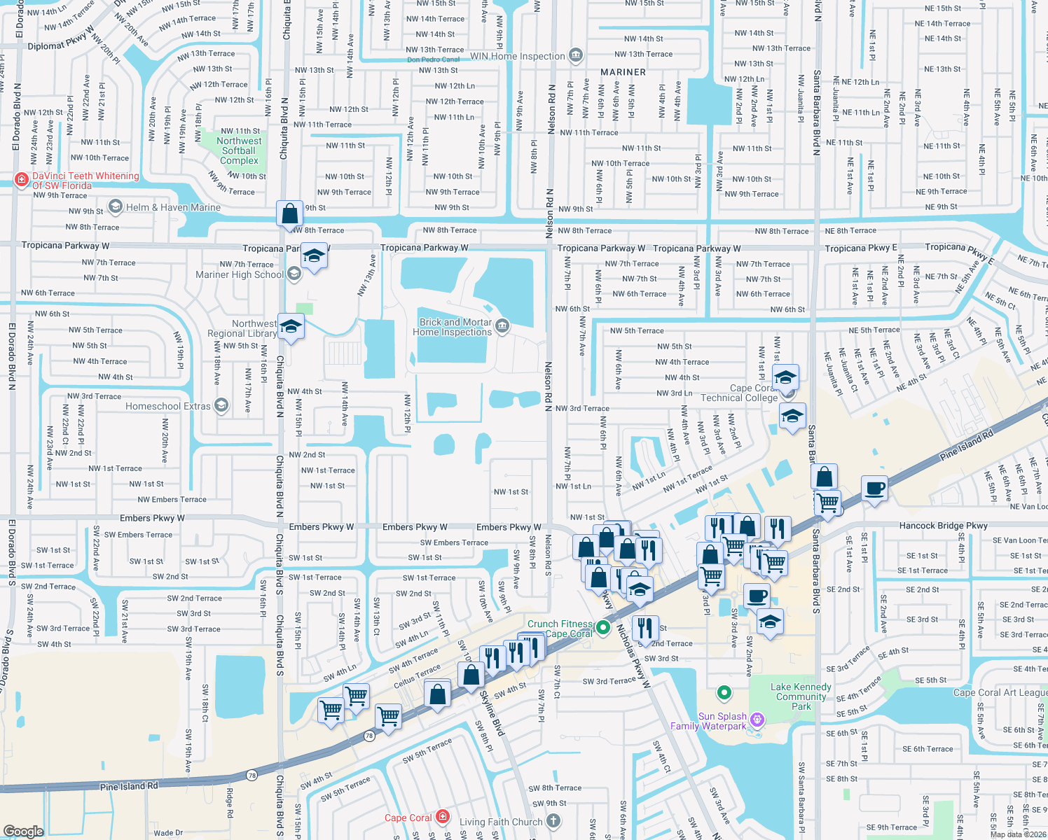 map of restaurants, bars, coffee shops, grocery stores, and more near 821 Larch Road in Cape Coral