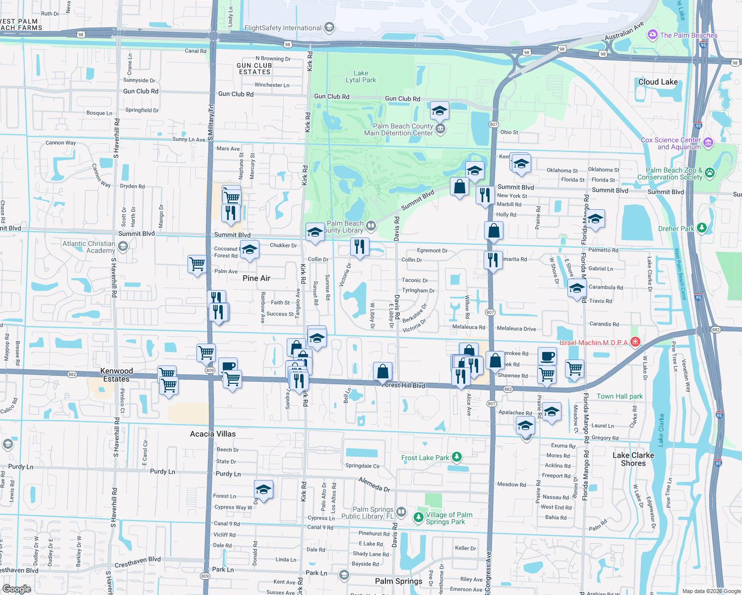 map of restaurants, bars, coffee shops, grocery stores, and more near 3643 North Libby Drive in West Palm Beach