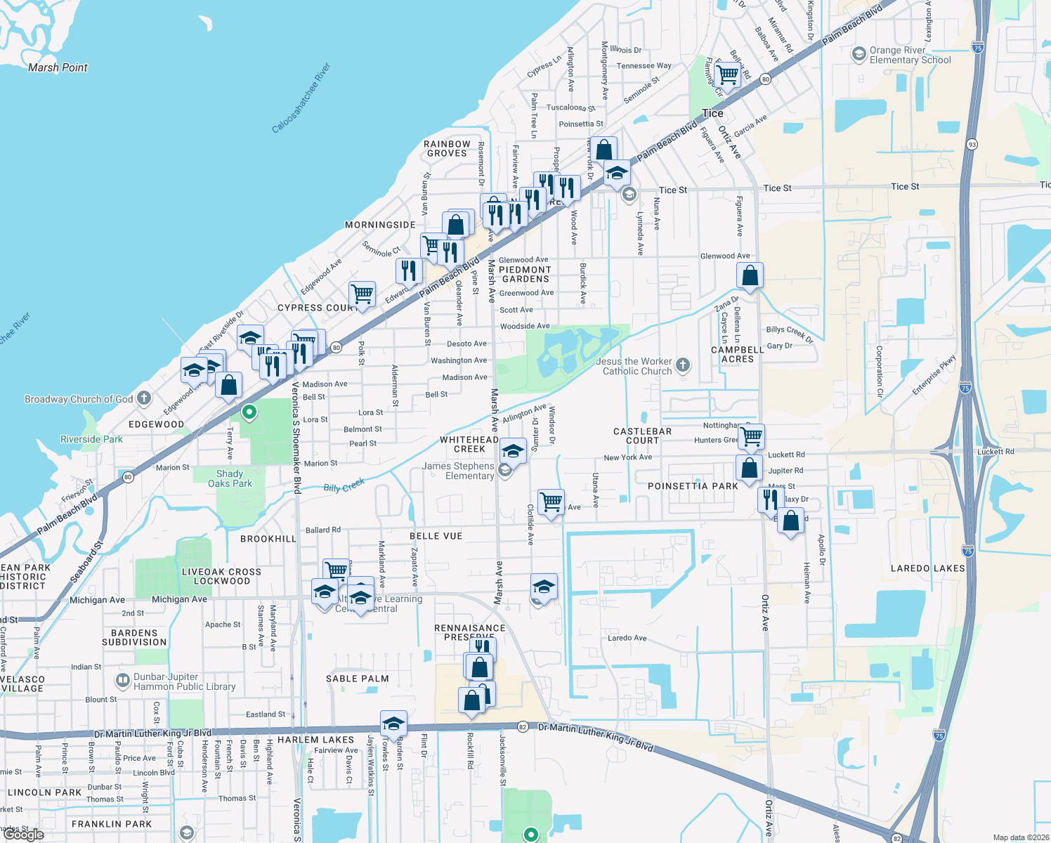 map of restaurants, bars, coffee shops, grocery stores, and more near 4268 Arlington Avenue in Fort Myers