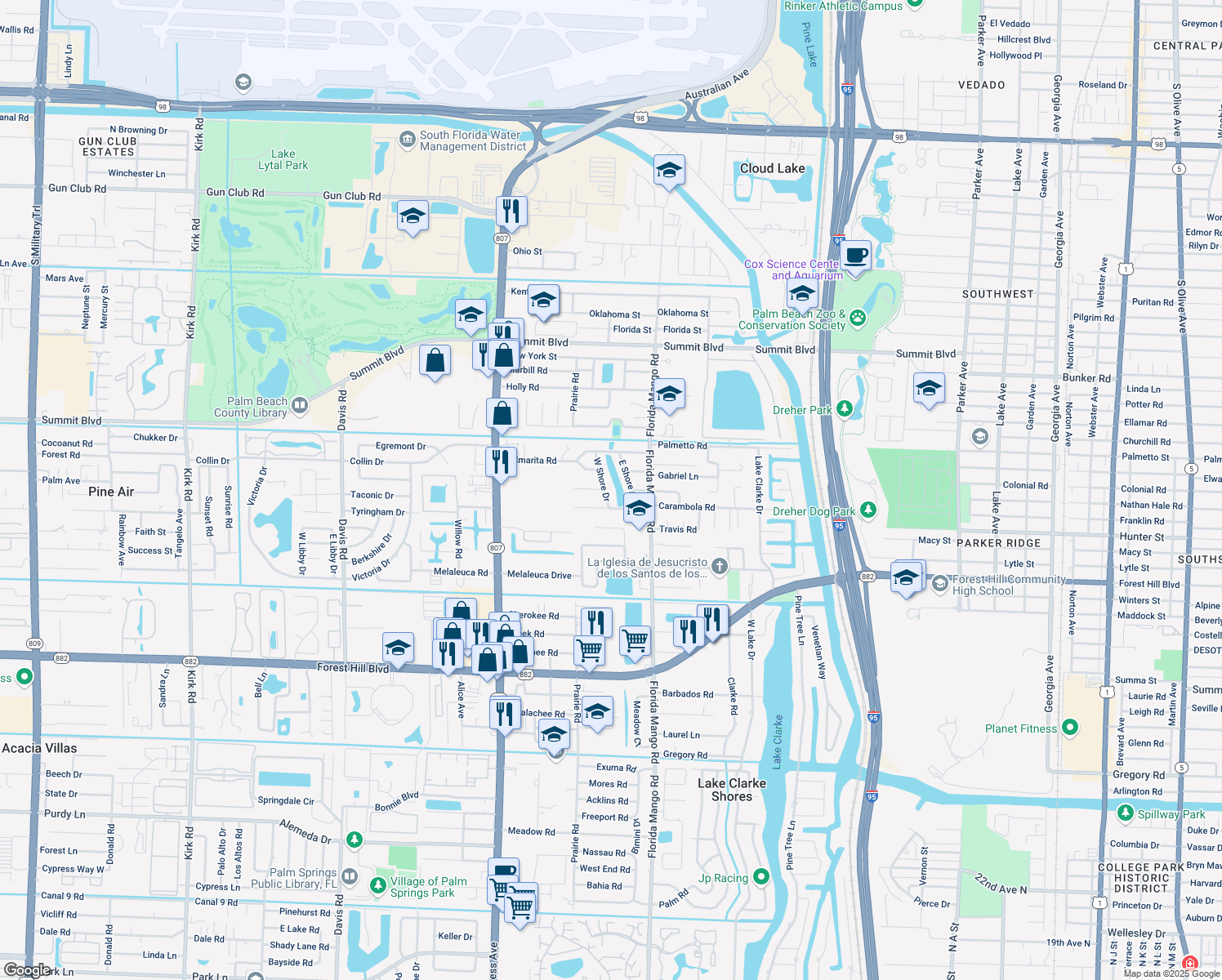 map of restaurants, bars, coffee shops, grocery stores, and more near 1092 W Shore Dr in West Palm Beach