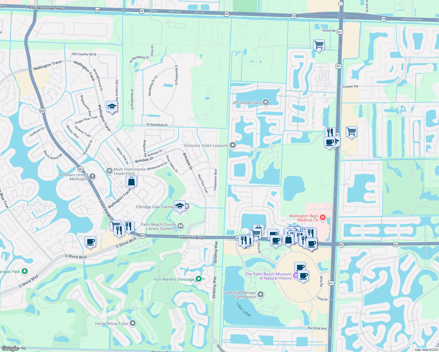map of restaurants, bars, coffee shops, grocery stores, and more near 1460 Chapparel Way in Wellington