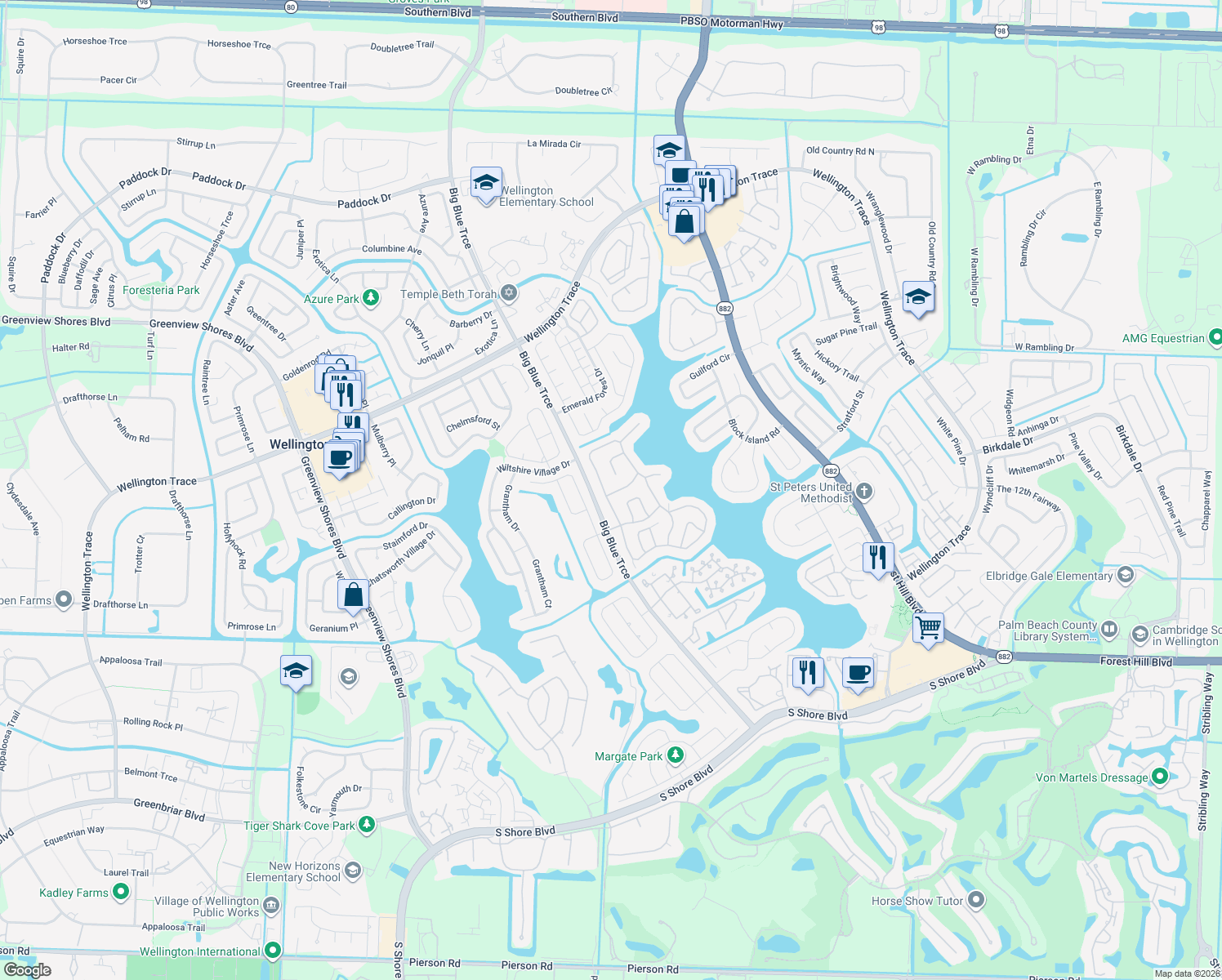 map of restaurants, bars, coffee shops, grocery stores, and more near 13011 Blue Lake Drive in Wellington