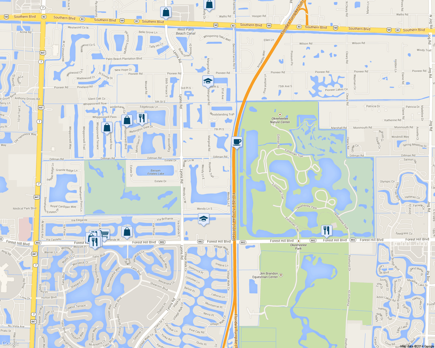map of restaurants, bars, coffee shops, grocery stores, and more near 1359 Rosetta Trail in West Palm Beach