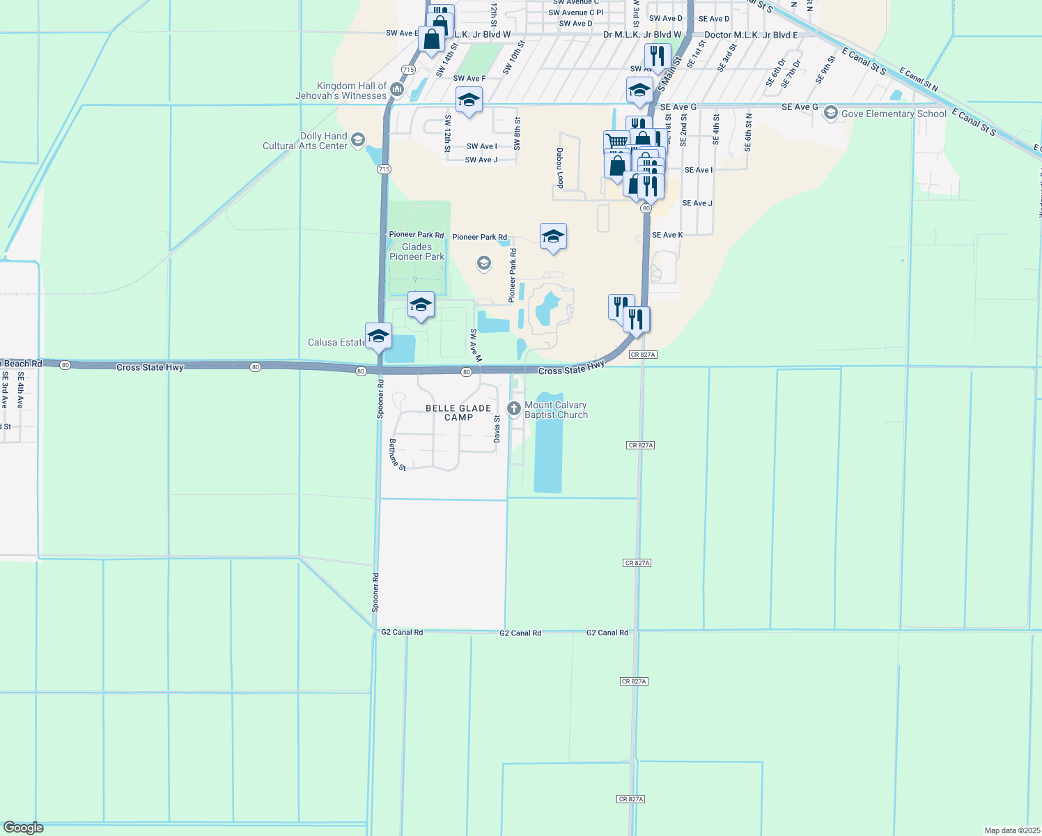 map of restaurants, bars, coffee shops, grocery stores, and more near 273 1st Street in Belle Glade