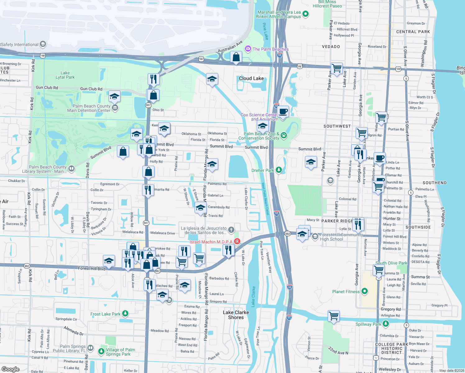 map of restaurants, bars, coffee shops, grocery stores, and more near 2258 Palmetto Road in West Palm Beach