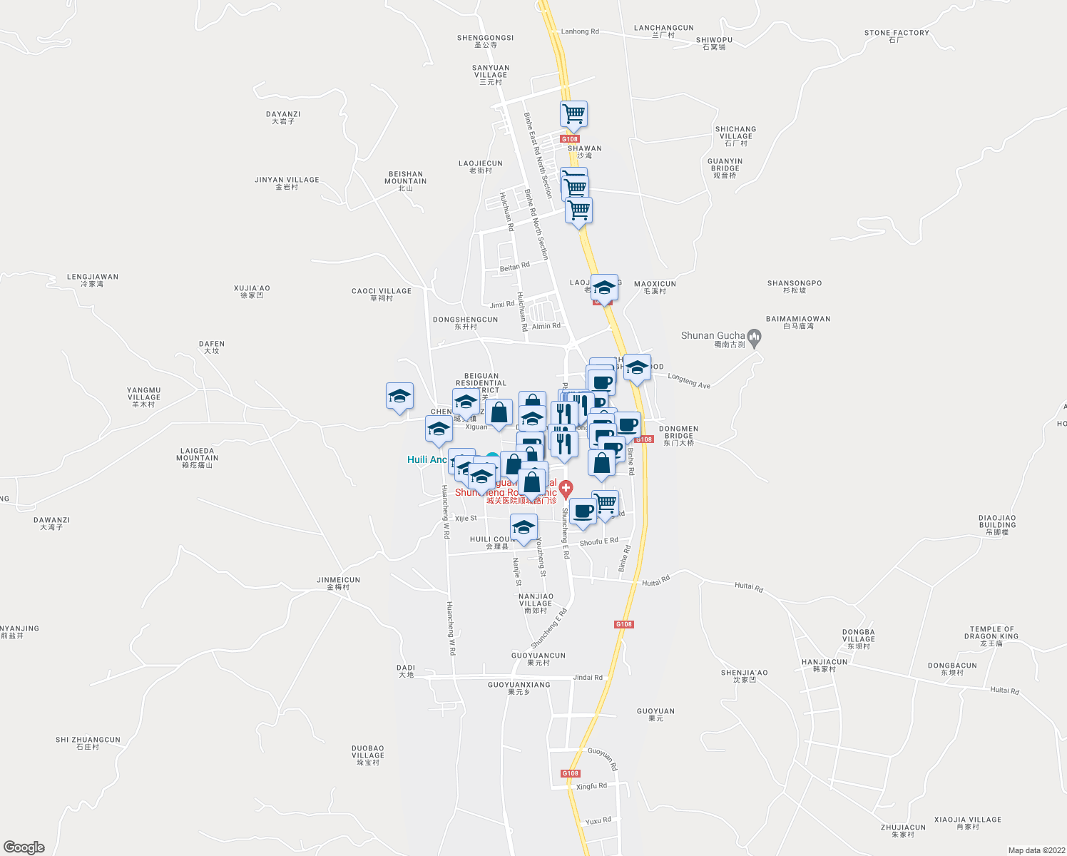 map of restaurants, bars, coffee shops, grocery stores, and more near Dong Guan in Liangshan Yizuzizhizhou