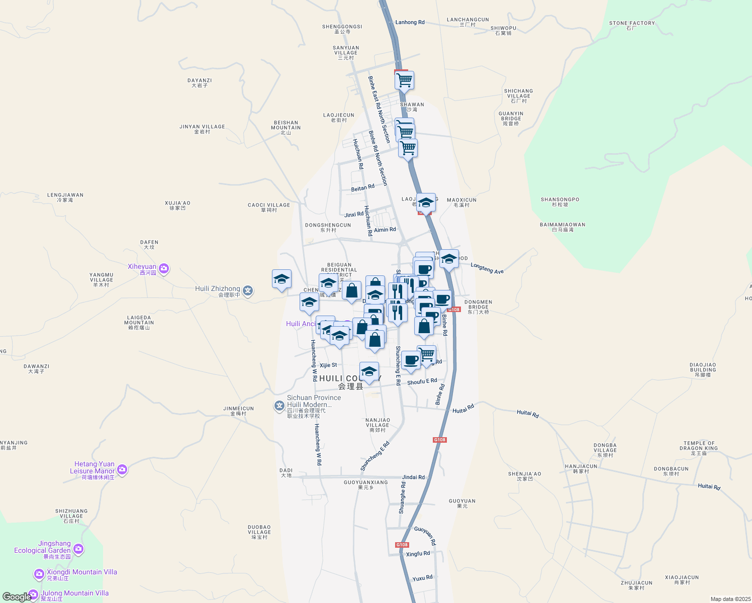 map of restaurants, bars, coffee shops, grocery stores, and more near Dong Guan in Liangshan Yizuzizhizhou