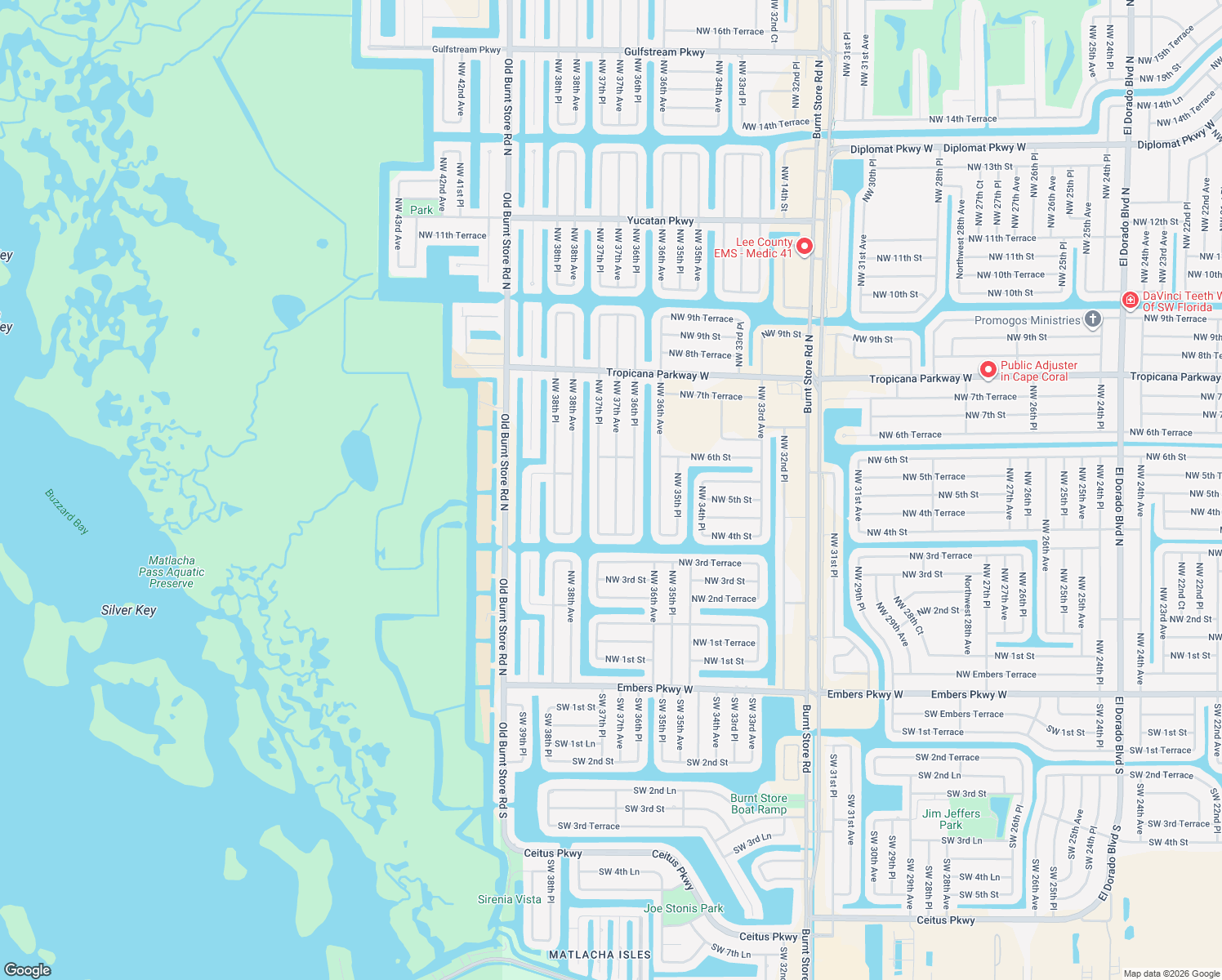 map of restaurants, bars, coffee shops, grocery stores, and more near 519 Northwest 37th Avenue in Cape Coral