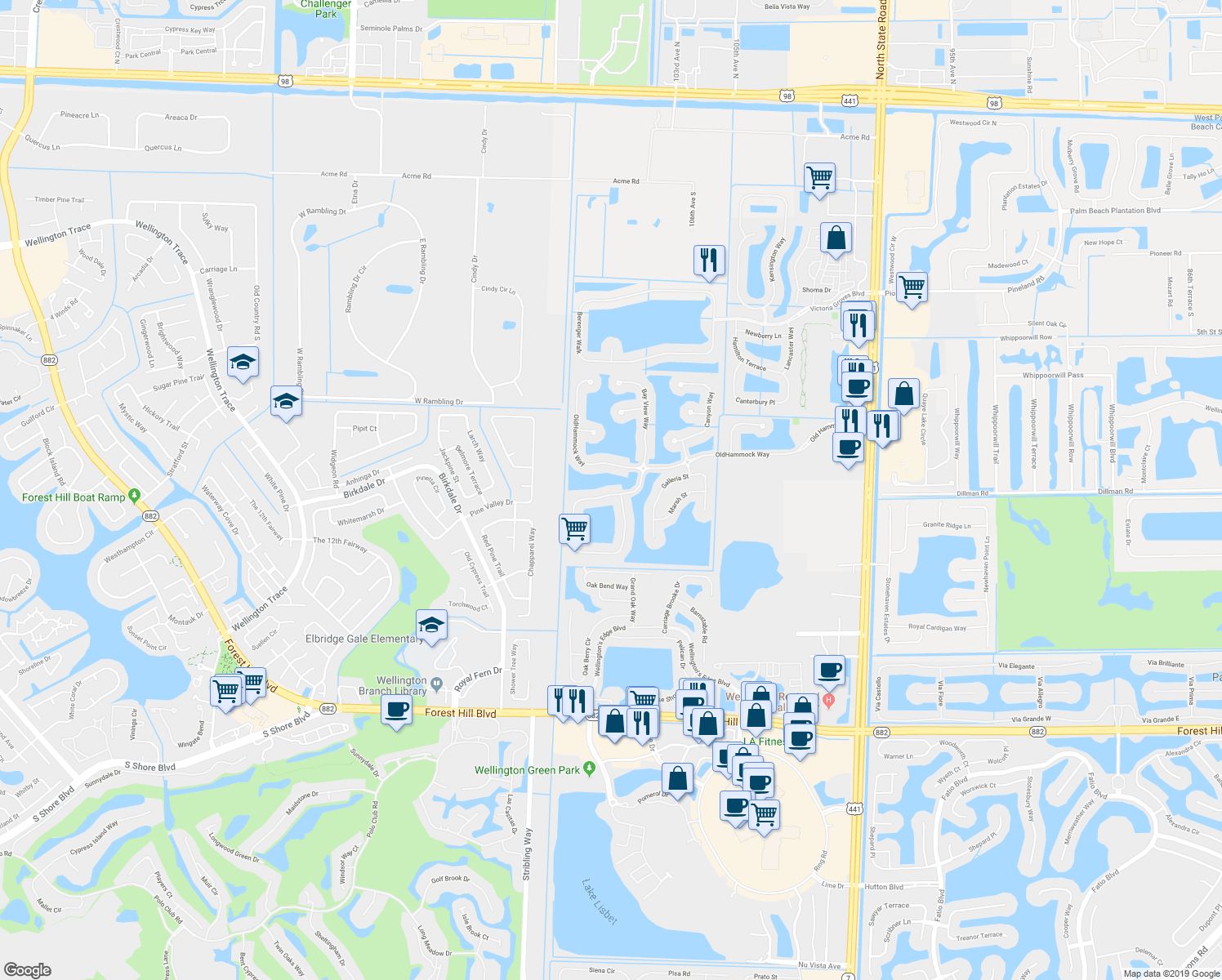 map of restaurants, bars, coffee shops, grocery stores, and more near 1261 Beacon Circle in West Palm Beach