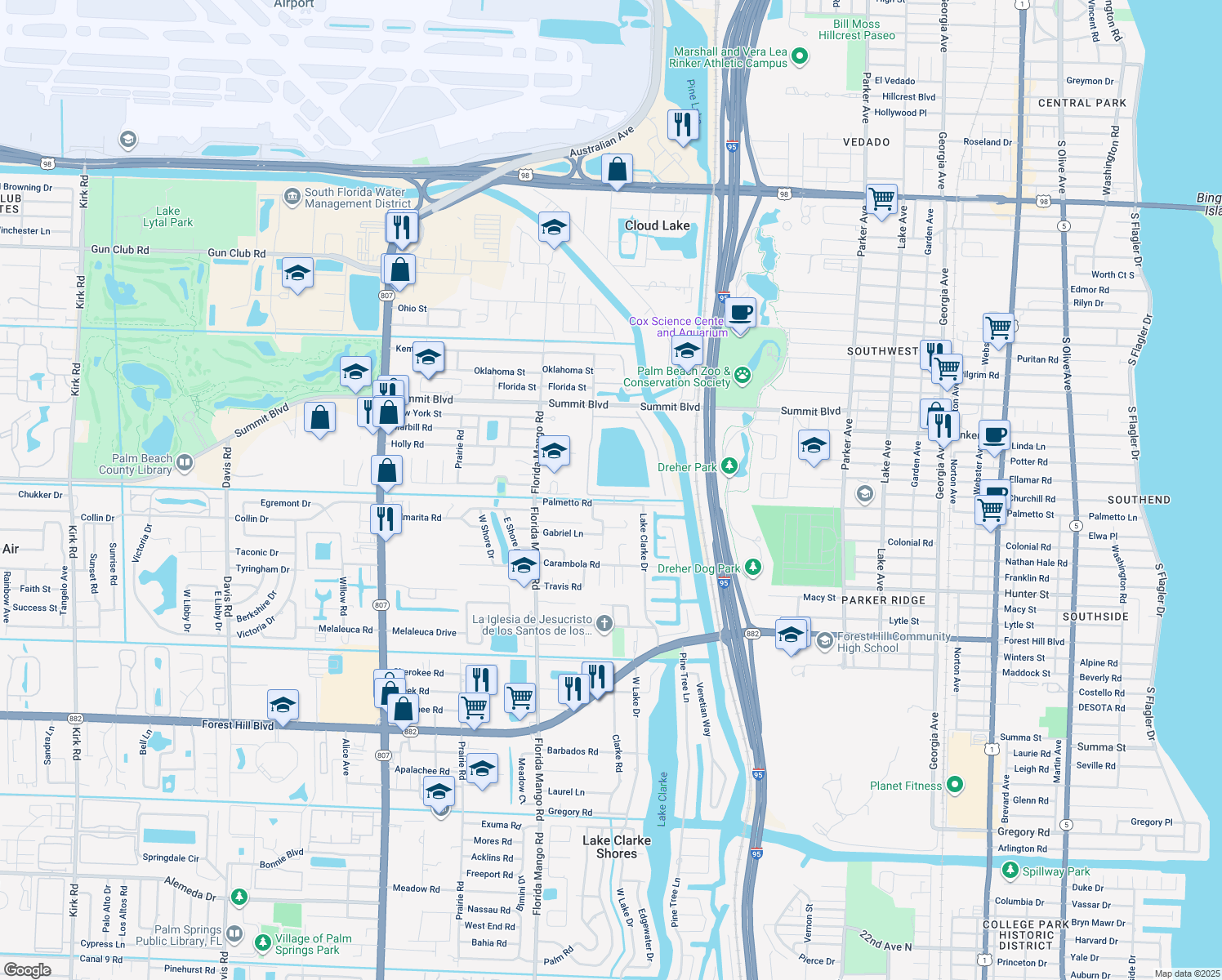 map of restaurants, bars, coffee shops, grocery stores, and more near 922 South Patrick Circle in West Palm Beach