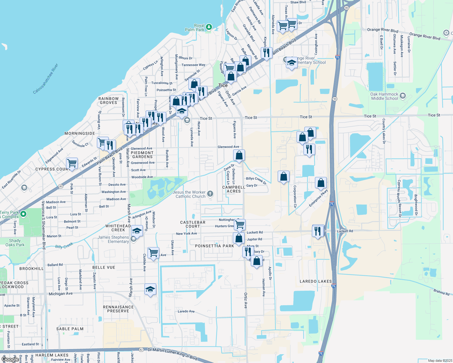 map of restaurants, bars, coffee shops, grocery stores, and more near 830 Cayce Lane in Fort Myers