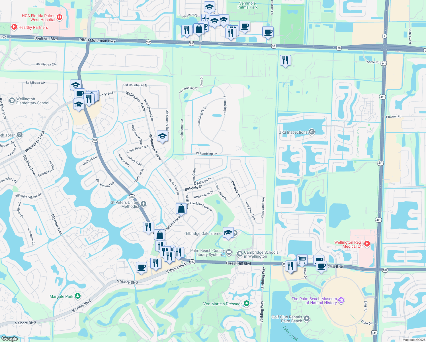 map of restaurants, bars, coffee shops, grocery stores, and more near 11576 Sanderling Drive in Wellington
